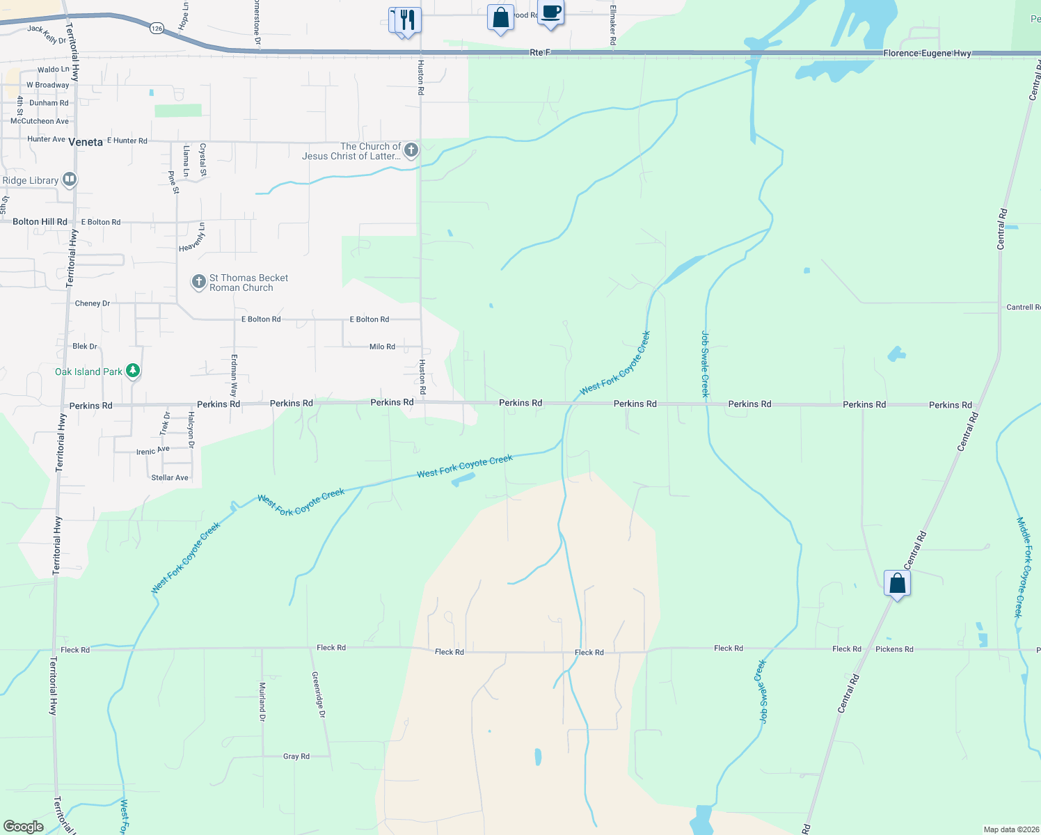 map of restaurants, bars, coffee shops, grocery stores, and more near 25780 Perkins Rd in Veneta