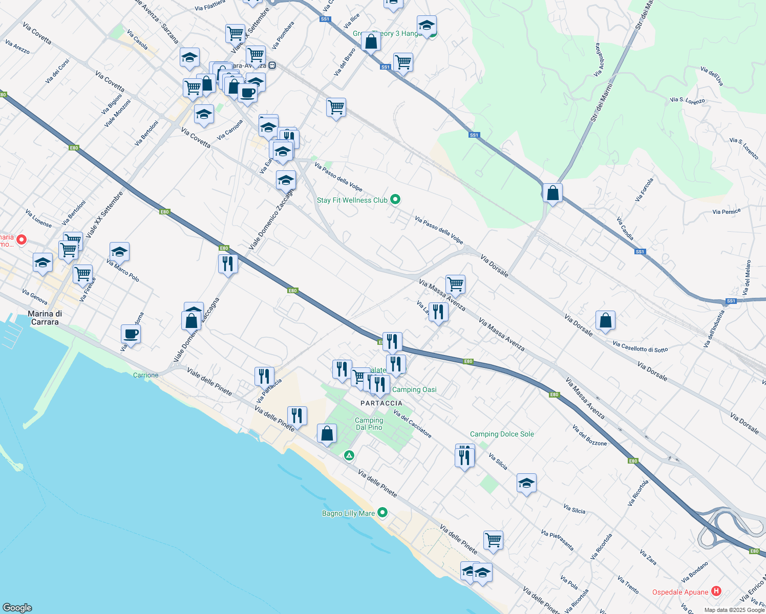 map of restaurants, bars, coffee shops, grocery stores, and more near in Carrara