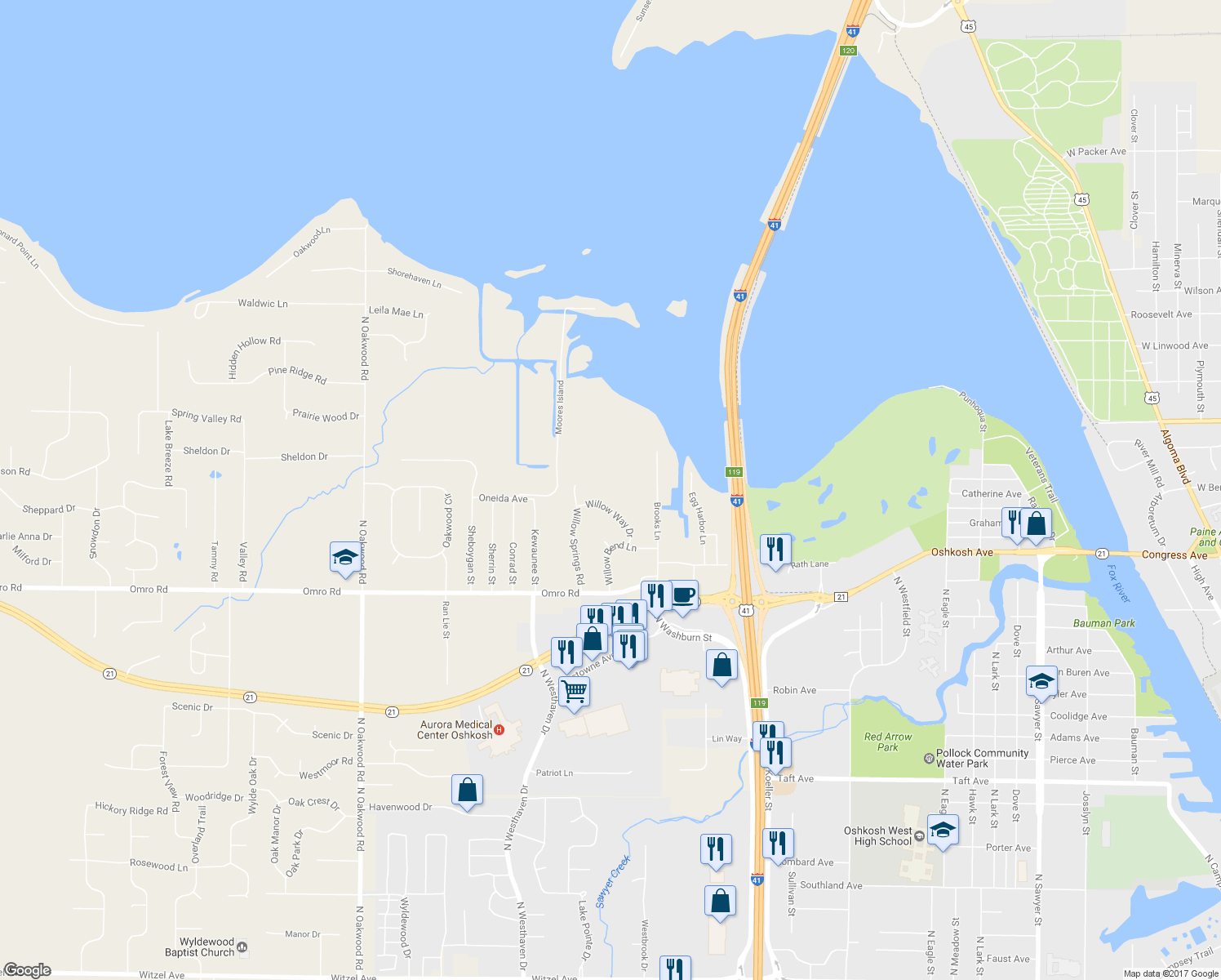 map of restaurants, bars, coffee shops, grocery stores, and more near 2274 Willow Way Drive in Oshkosh