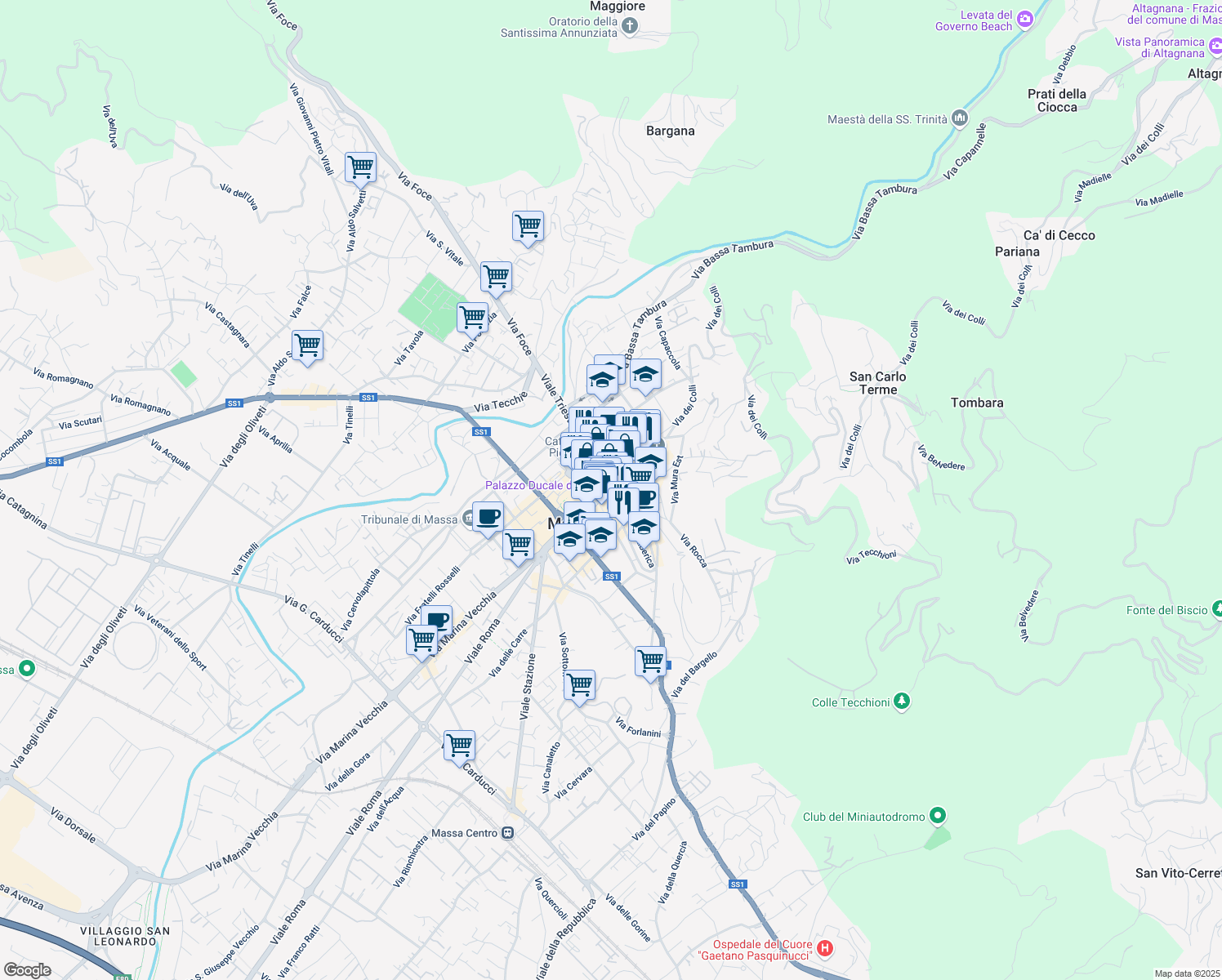 map of restaurants, bars, coffee shops, grocery stores, and more near 4 Via Francesco Petrarca in Massa