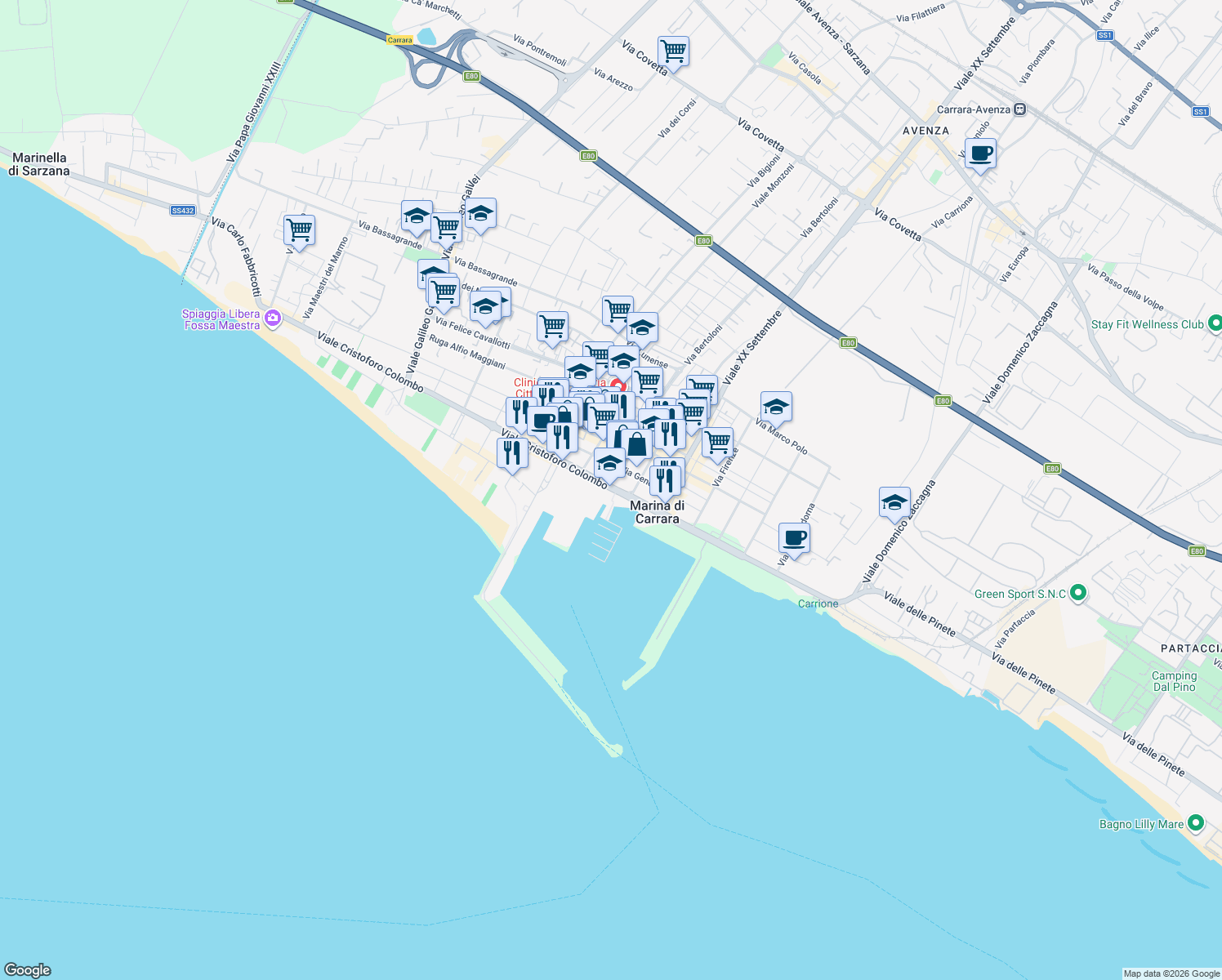 map of restaurants, bars, coffee shops, grocery stores, and more near 2 Viale Cristoforo Colombo in Carrara