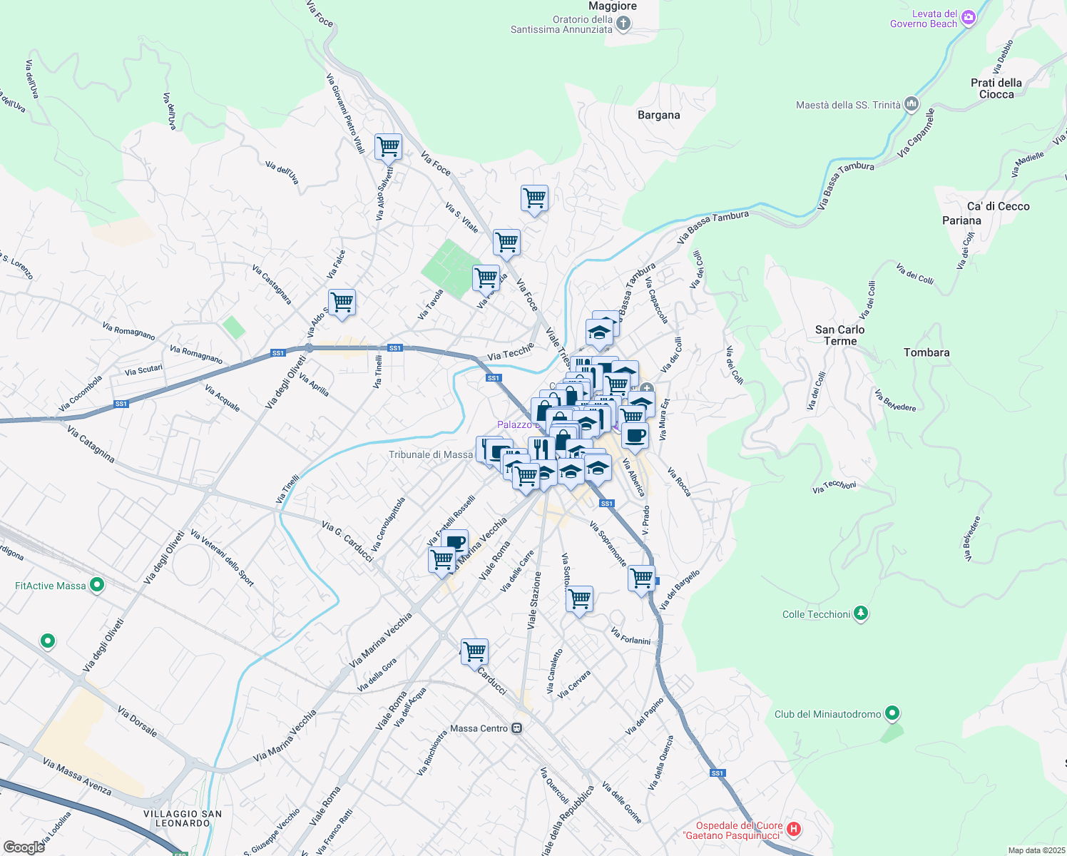 map of restaurants, bars, coffee shops, grocery stores, and more near 21-31 Viale Giacomo Puccini in Massa