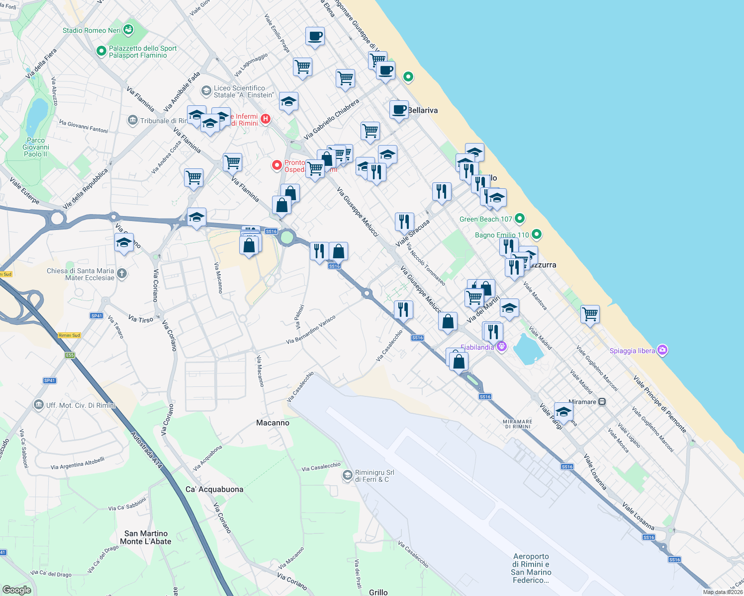 map of restaurants, bars, coffee shops, grocery stores, and more near Via Flaminia in Rimini