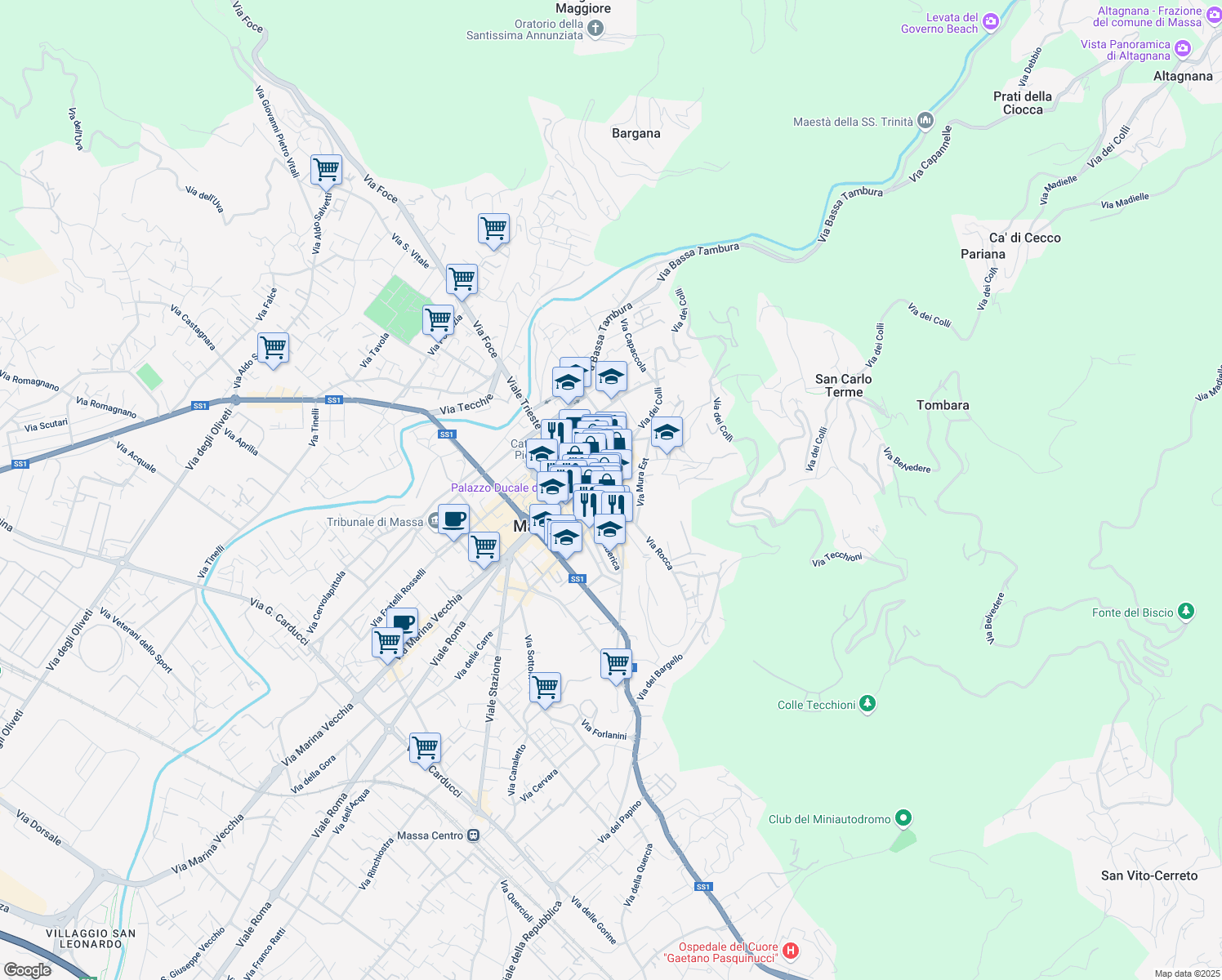 map of restaurants, bars, coffee shops, grocery stores, and more near 27 Piazza Aranci in Massa