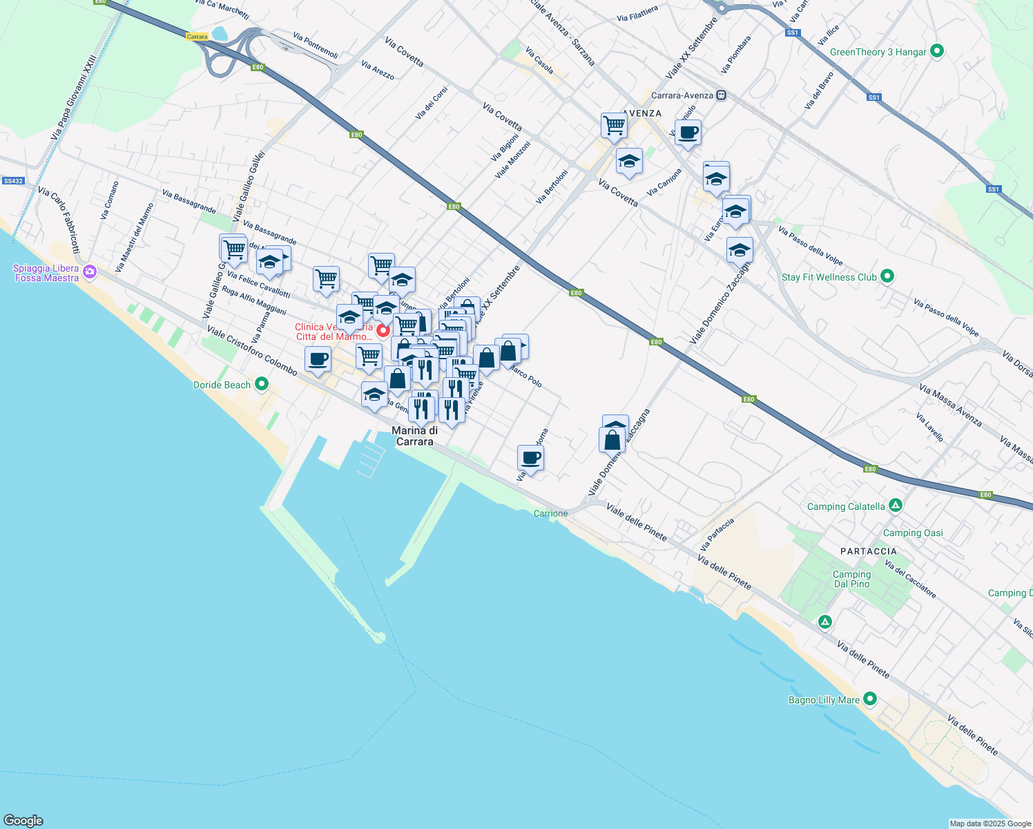 map of restaurants, bars, coffee shops, grocery stores, and more near 4/C Via Girolamo Savonarola in Marina di Carrara
