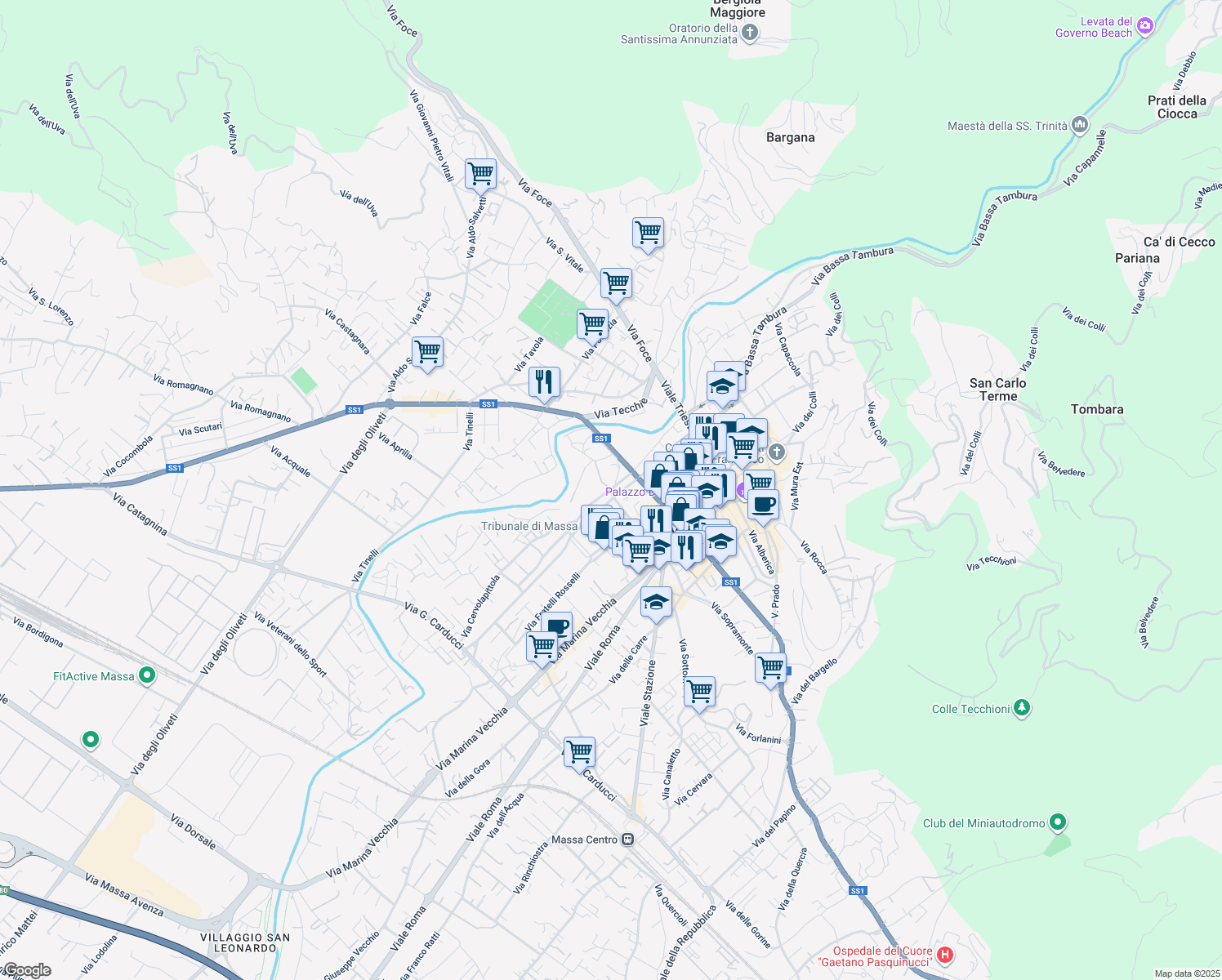 map of restaurants, bars, coffee shops, grocery stores, and more near 2 Via Dino Galvani in Massa