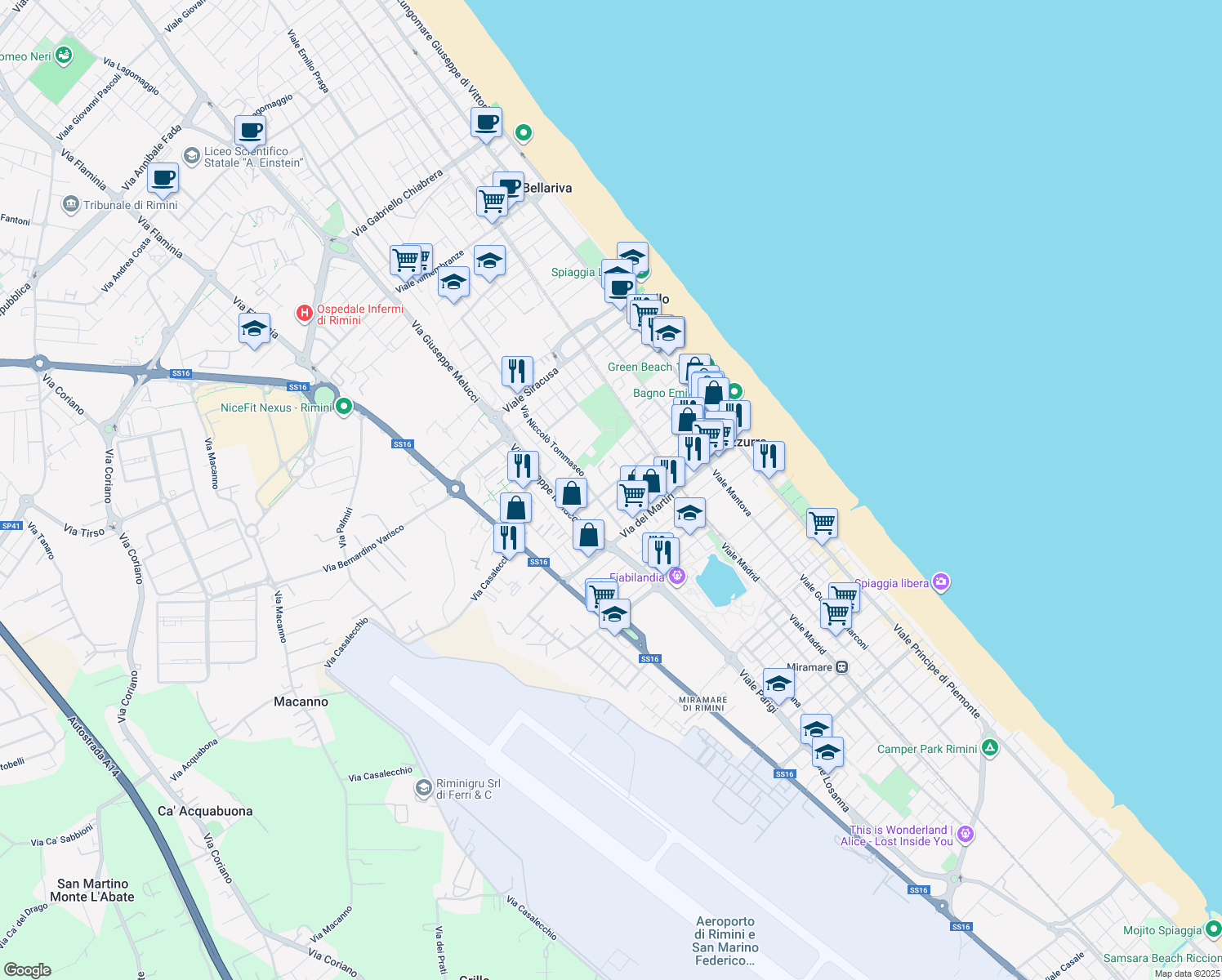 map of restaurants, bars, coffee shops, grocery stores, and more near 61 Viale Leonardo da Vinci in Rimini