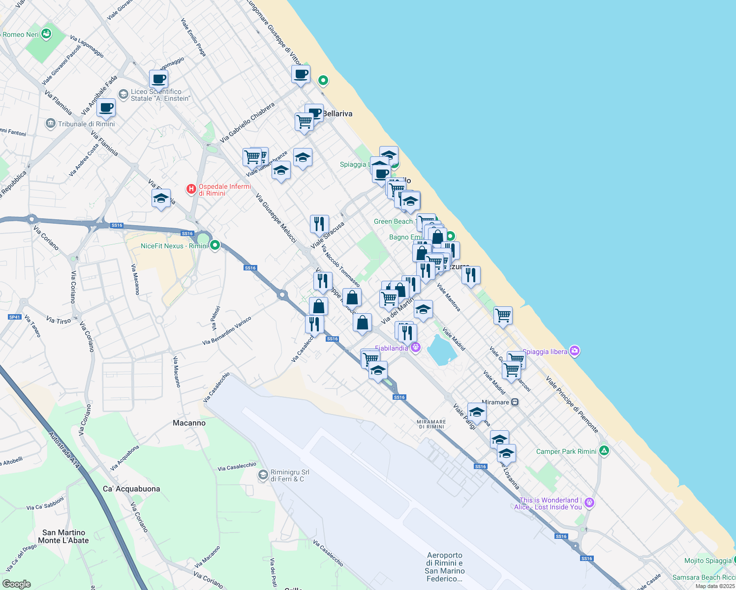 map of restaurants, bars, coffee shops, grocery stores, and more near 51-61 Viale Leonardo da Vinci in Rimini