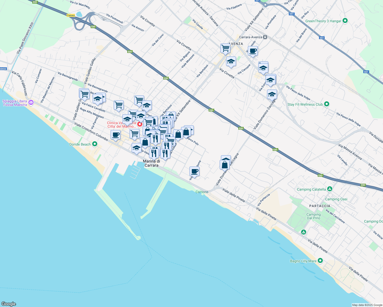 map of restaurants, bars, coffee shops, grocery stores, and more near 4/C Via Girolamo Savonarola in Marina di Carrara