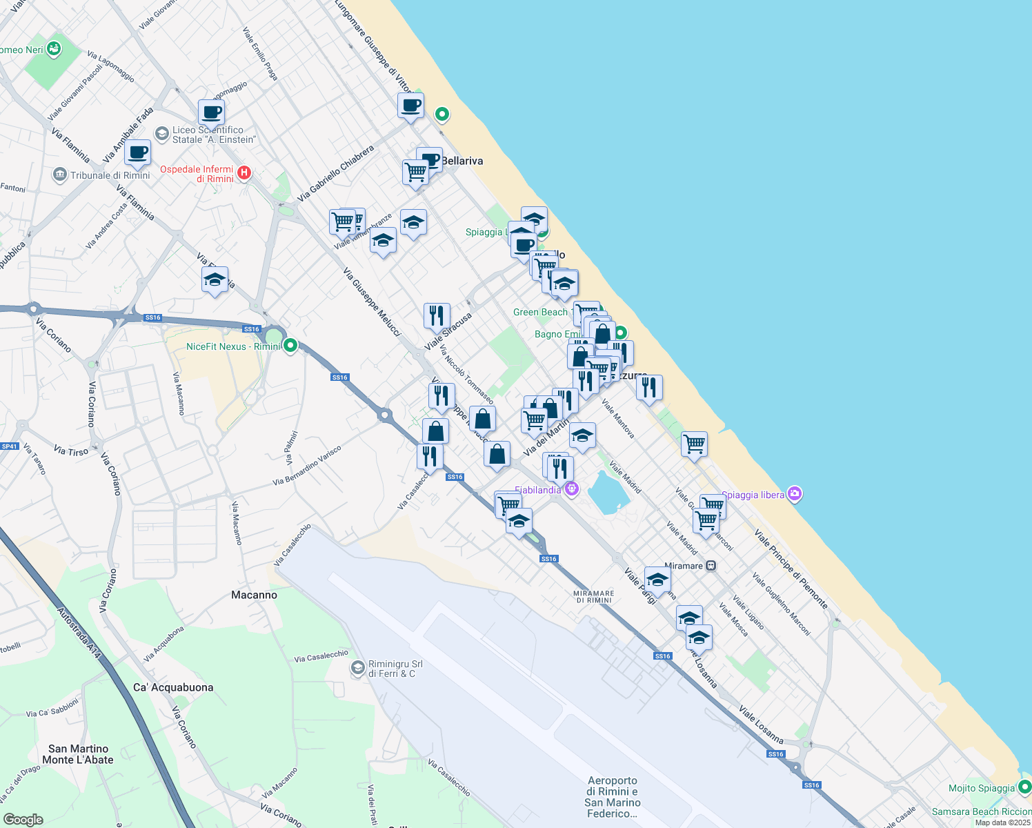map of restaurants, bars, coffee shops, grocery stores, and more near 51-61 Viale Leonardo da Vinci in Rimini
