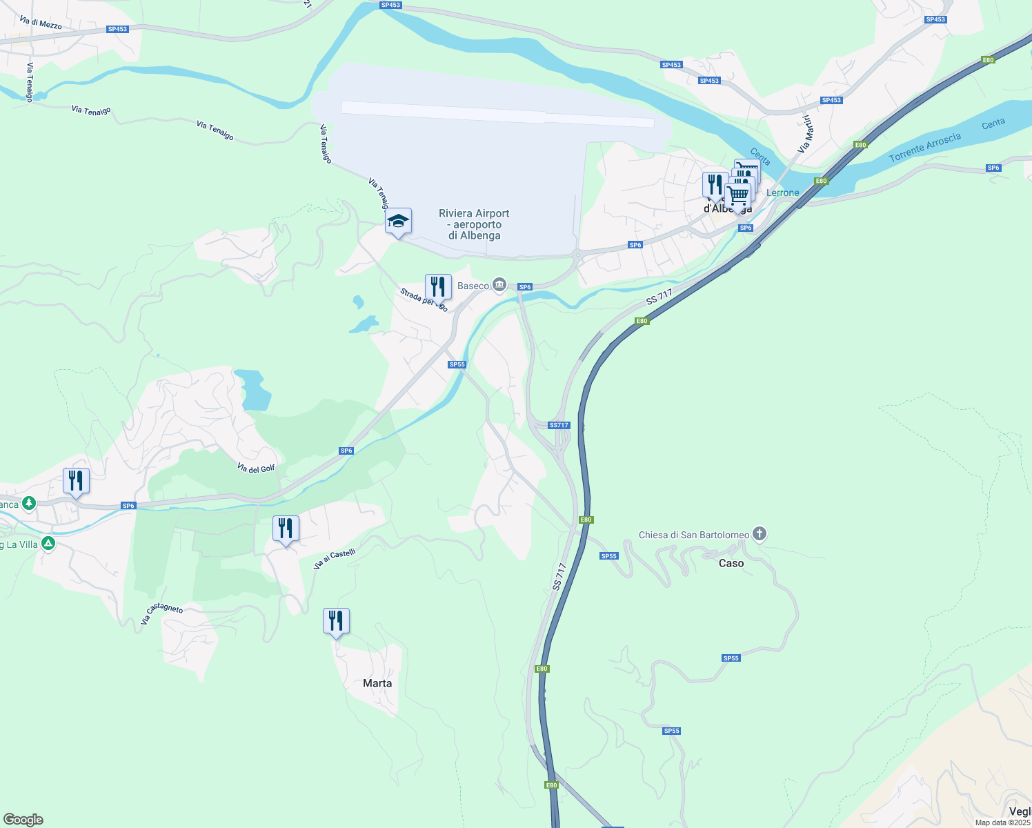 map of restaurants, bars, coffee shops, grocery stores, and more near 23 Via Isole in Villanova d'Albenga