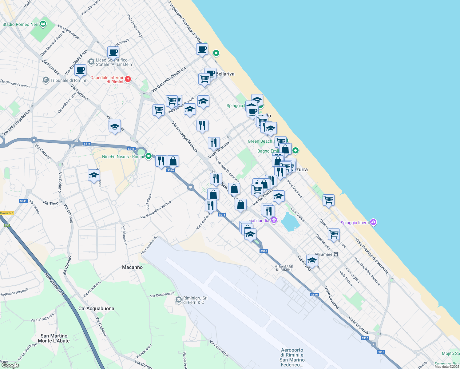 map of restaurants, bars, coffee shops, grocery stores, and more near Via Angelo Morigi in Rimini
