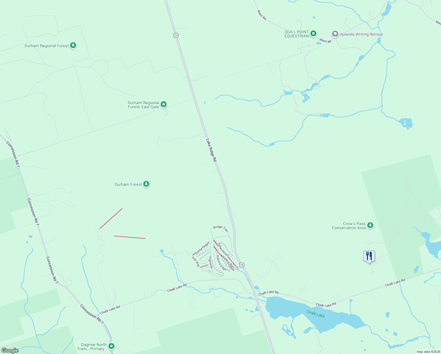 map of restaurants, bars, coffee shops, grocery stores, and more near 2580 Lake Ridge Road in Uxbridge