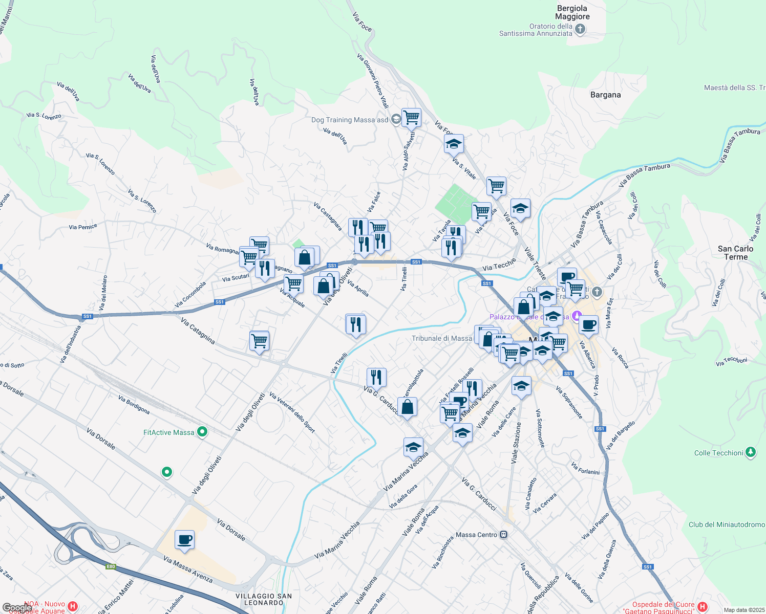 map of restaurants, bars, coffee shops, grocery stores, and more near 53 Via Tinelli in Massa