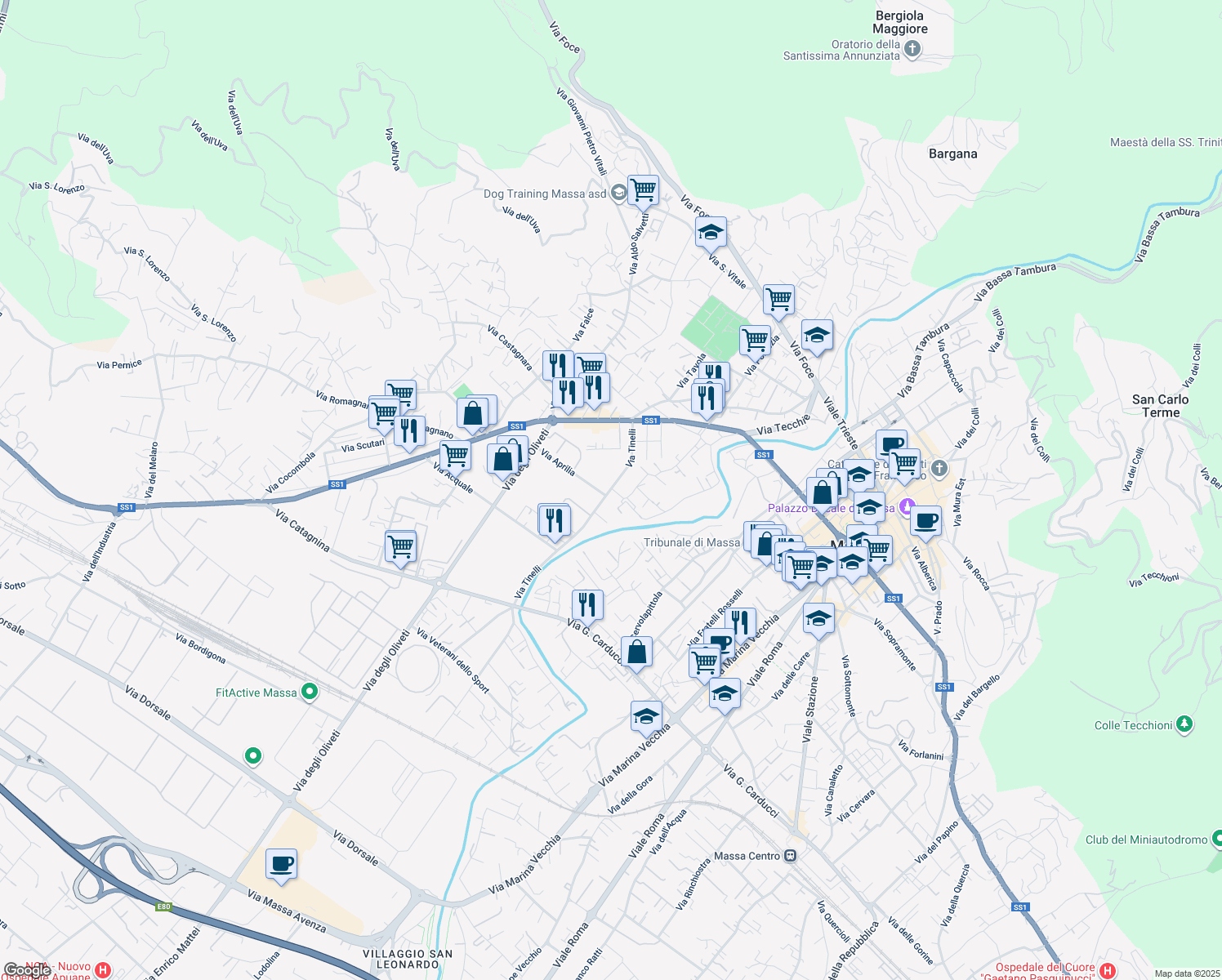 map of restaurants, bars, coffee shops, grocery stores, and more near 53 Via Tinelli in Massa