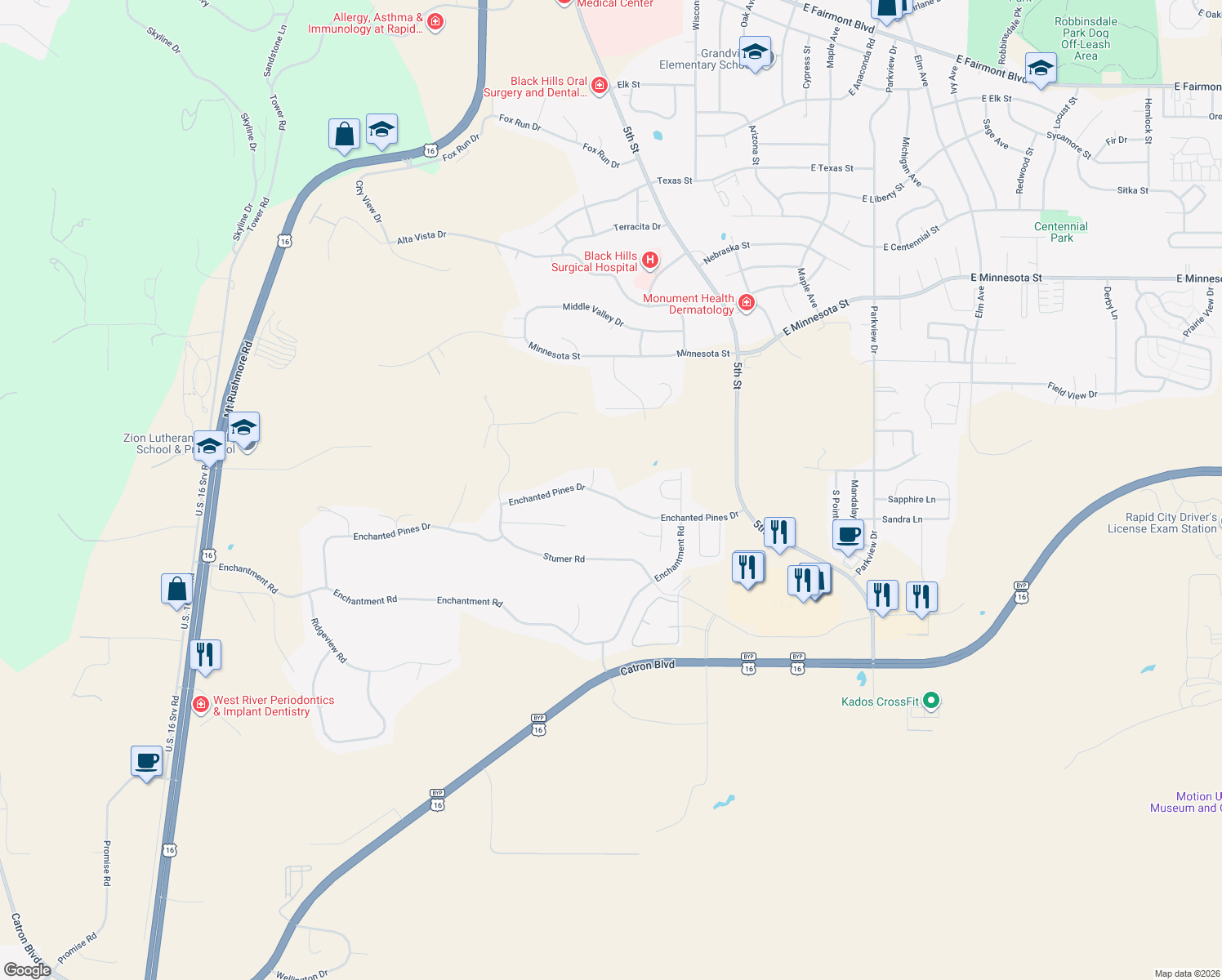 map of restaurants, bars, coffee shops, grocery stores, and more near 412 Enchanted Pines Drive in Rapid City