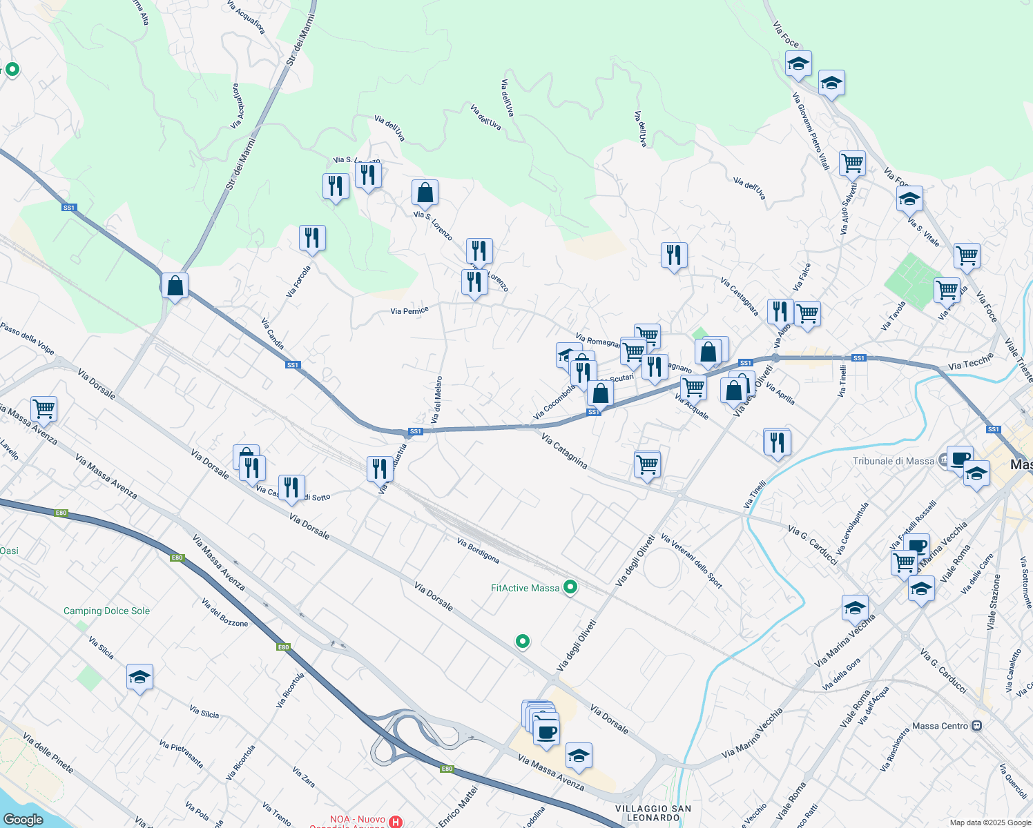 map of restaurants, bars, coffee shops, grocery stores, and more near 16 Via Pratta in Massa