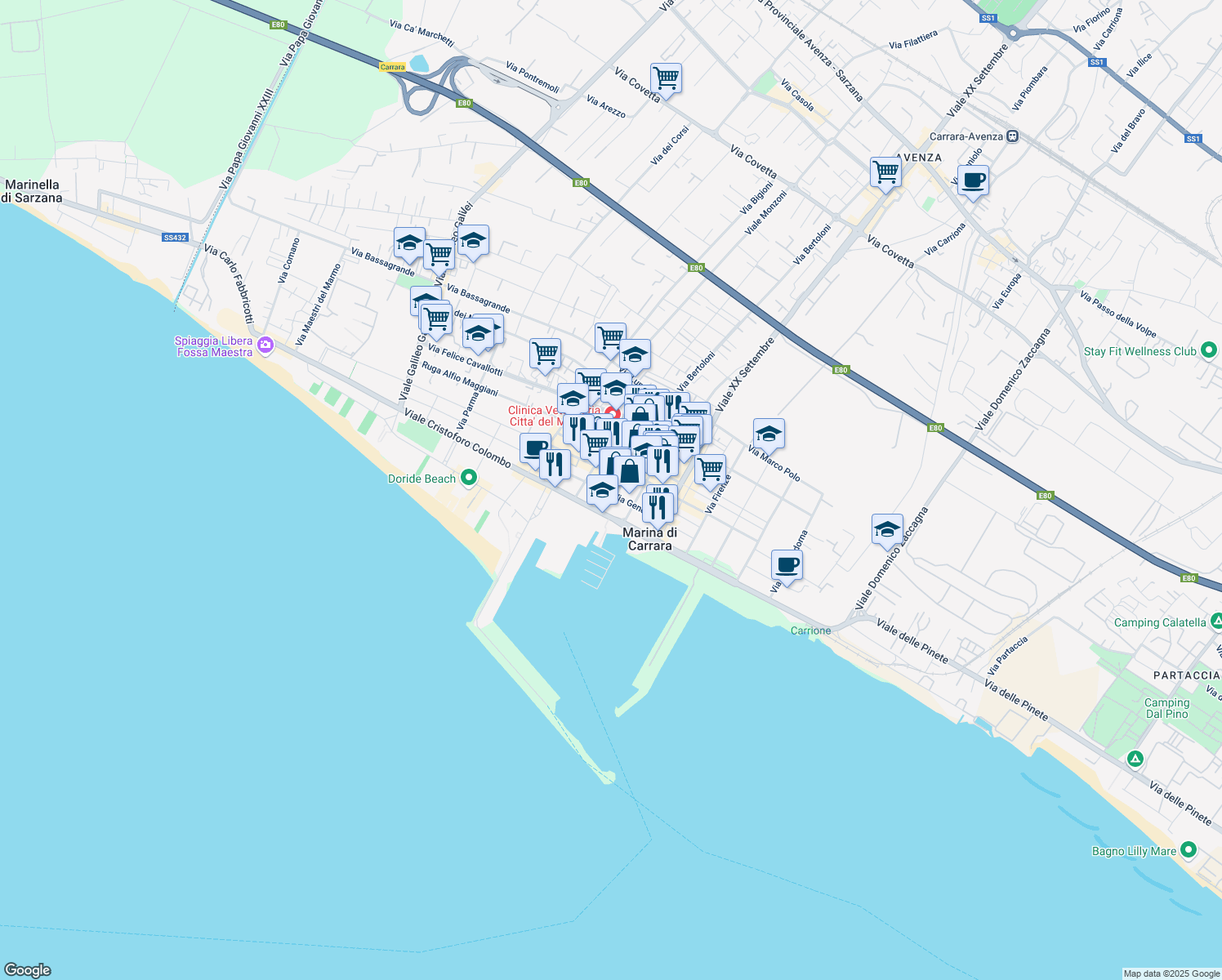 map of restaurants, bars, coffee shops, grocery stores, and more near 29 Piazza Nazioni Unite in Marina di Carrara