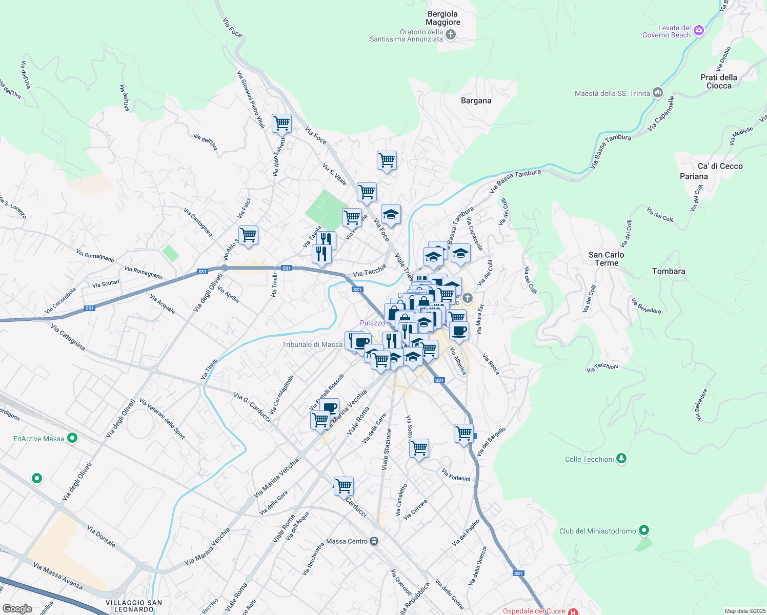 map of restaurants, bars, coffee shops, grocery stores, and more near 3 Via Maternità in Massa