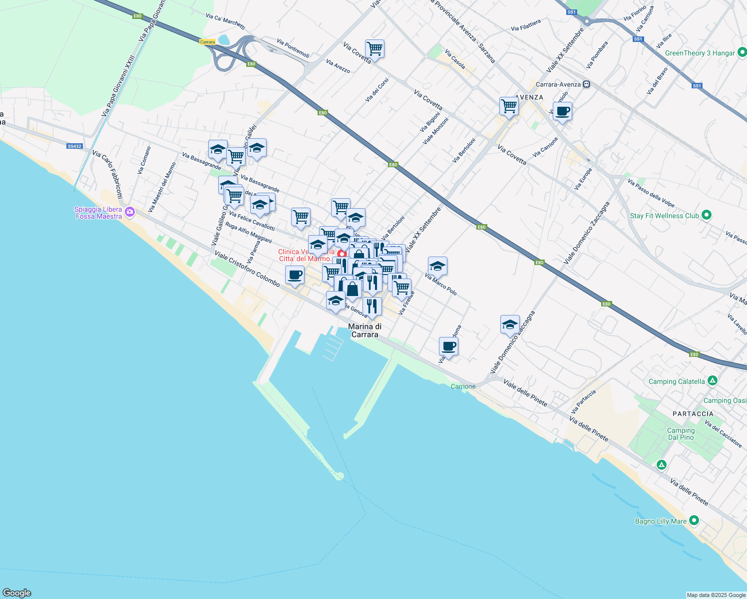 map of restaurants, bars, coffee shops, grocery stores, and more near Ruga Alfio Maggiani in Carrara