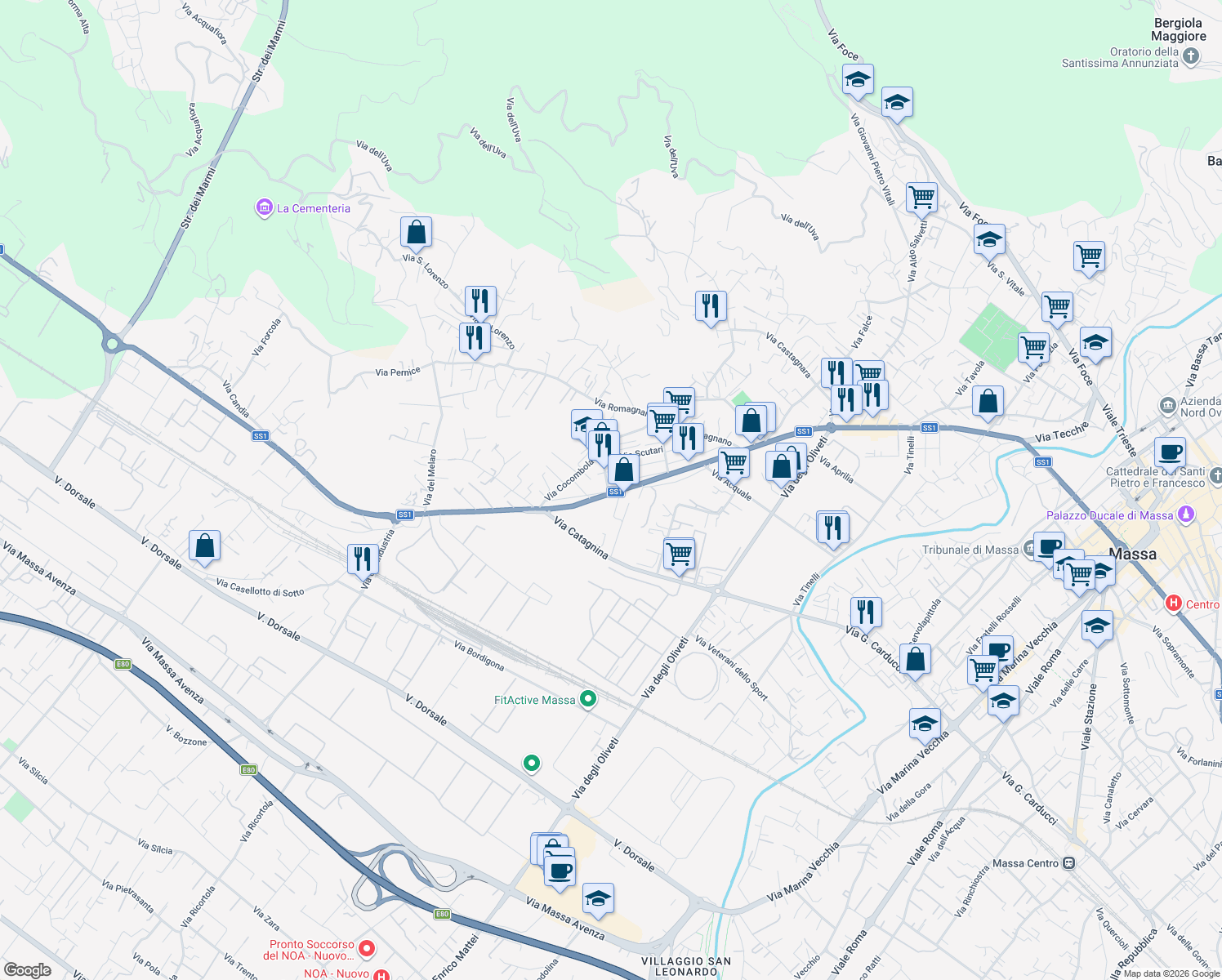 map of restaurants, bars, coffee shops, grocery stores, and more near 27 Piazza Istria in Massa