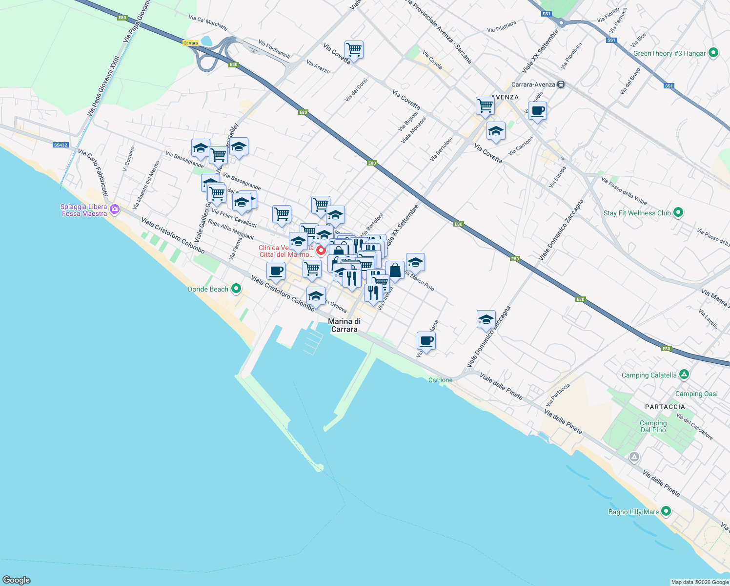map of restaurants, bars, coffee shops, grocery stores, and more near 2A Viale XX Settembre in Carrara
