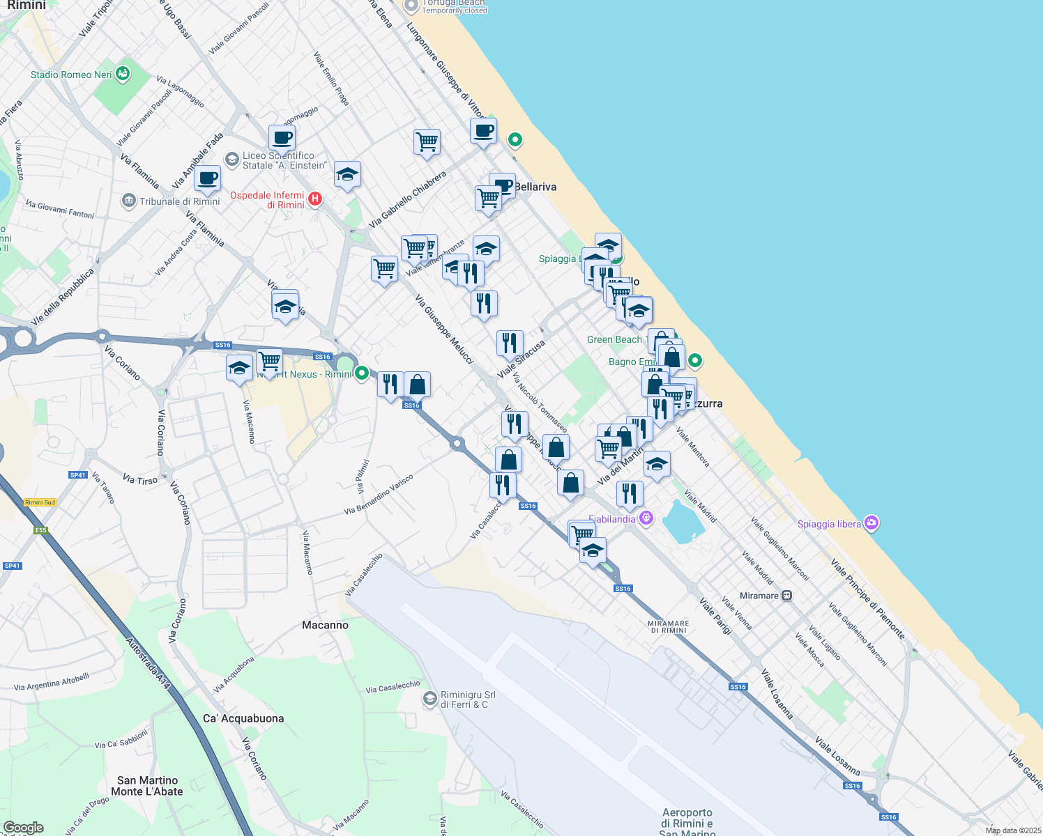 map of restaurants, bars, coffee shops, grocery stores, and more near Via Angelo Morigi in Rimini