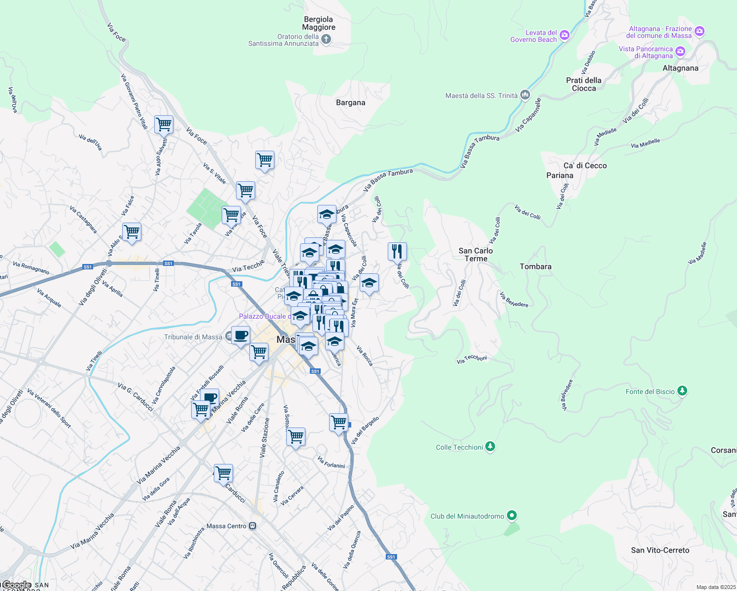 map of restaurants, bars, coffee shops, grocery stores, and more near Via di Pariana in Massa
