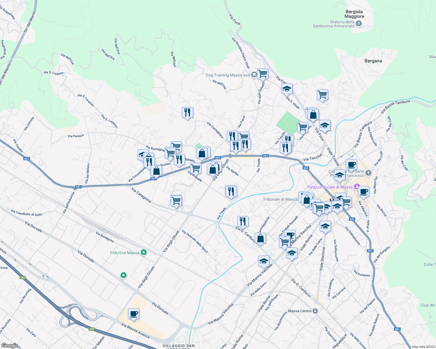 map of restaurants, bars, coffee shops, grocery stores, and more near 10 Via degli Oliveti in Massa