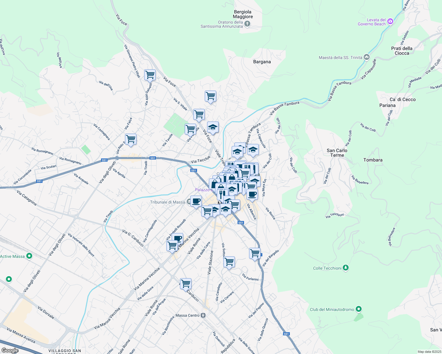 map of restaurants, bars, coffee shops, grocery stores, and more near 3 Via Maternità in Massa