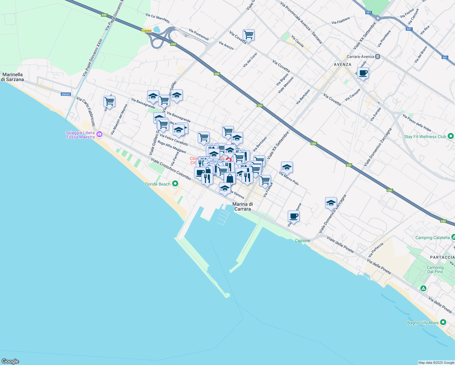 map of restaurants, bars, coffee shops, grocery stores, and more near 29 Piazza Nazioni Unite in Marina di Carrara