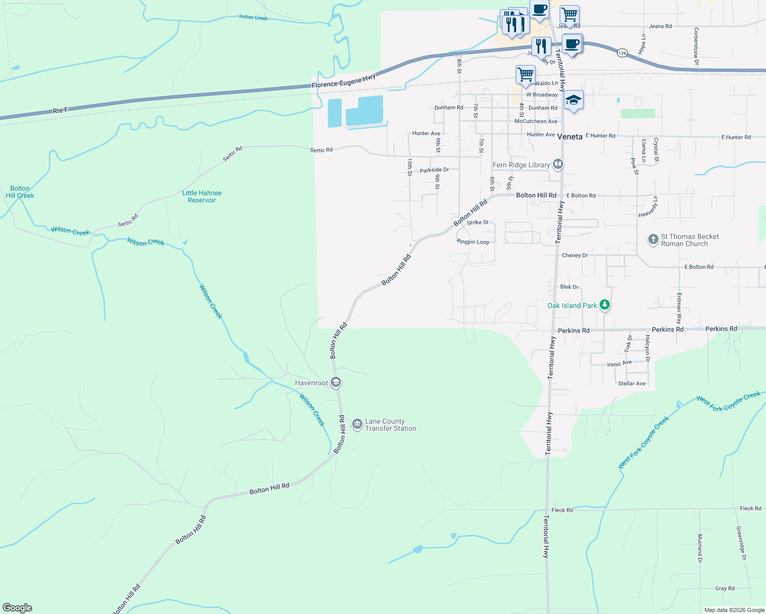map of restaurants, bars, coffee shops, grocery stores, and more near 24660 Bolton Hill Road in Veneta