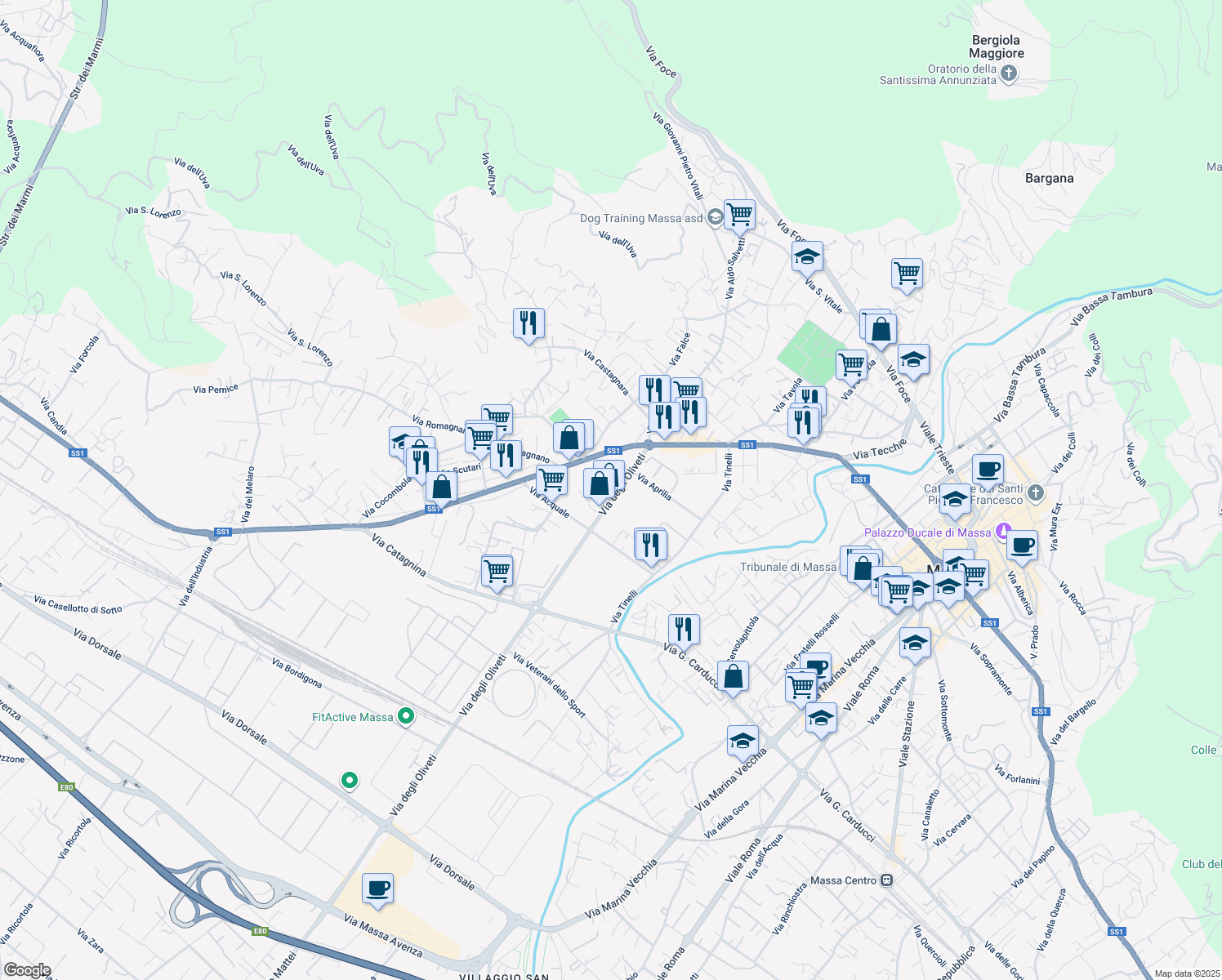 map of restaurants, bars, coffee shops, grocery stores, and more near 10 Via degli Oliveti in Massa