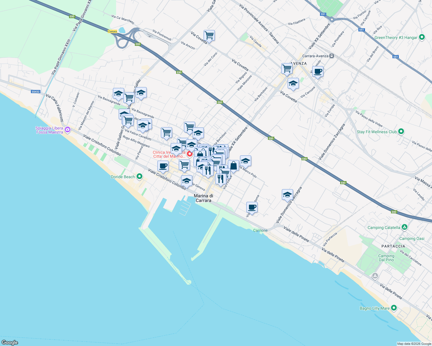 map of restaurants, bars, coffee shops, grocery stores, and more near 2/A Viale XX Settembre in Carrara