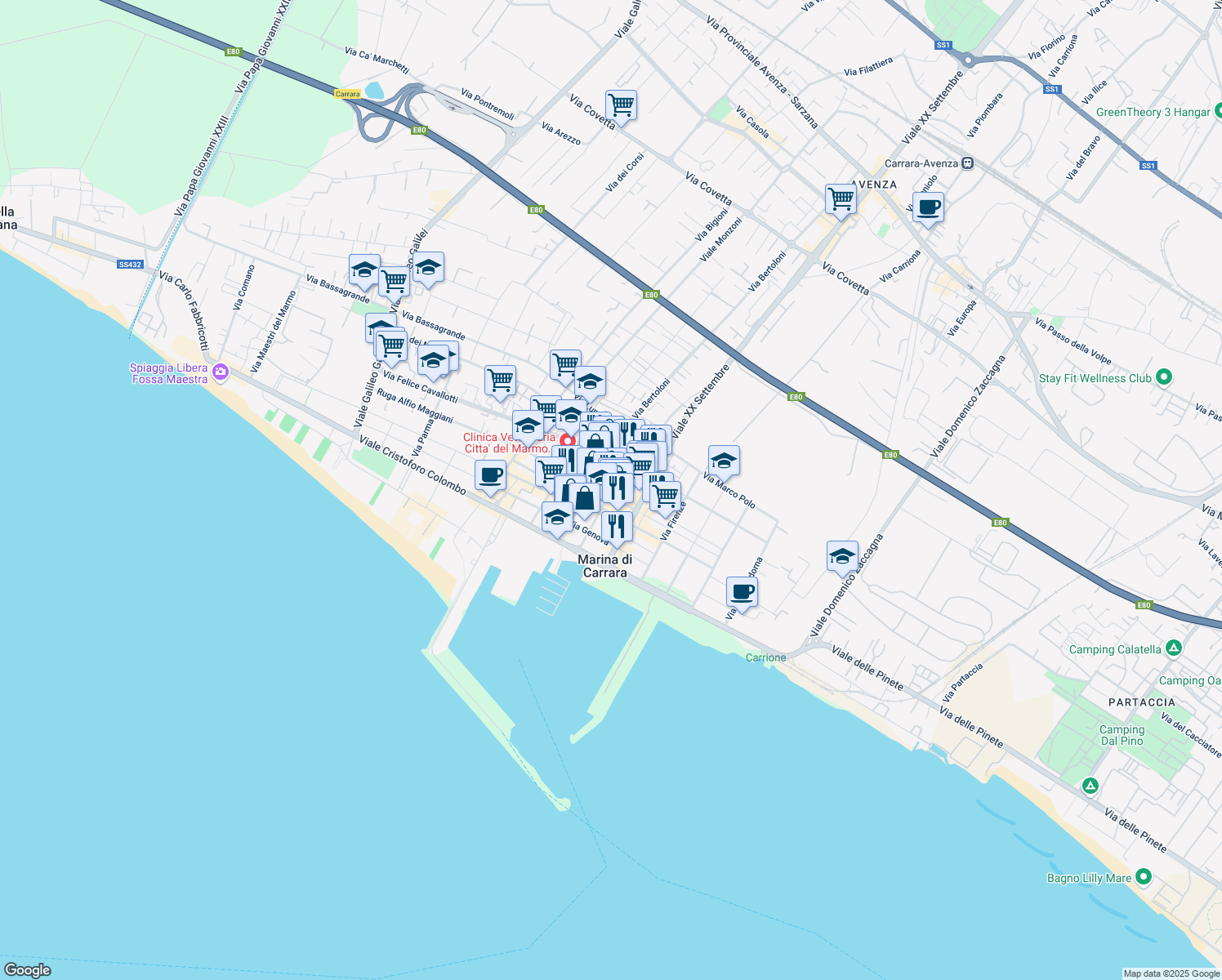 map of restaurants, bars, coffee shops, grocery stores, and more near 69A Via Alfio Maggiani Ruga in Carrara