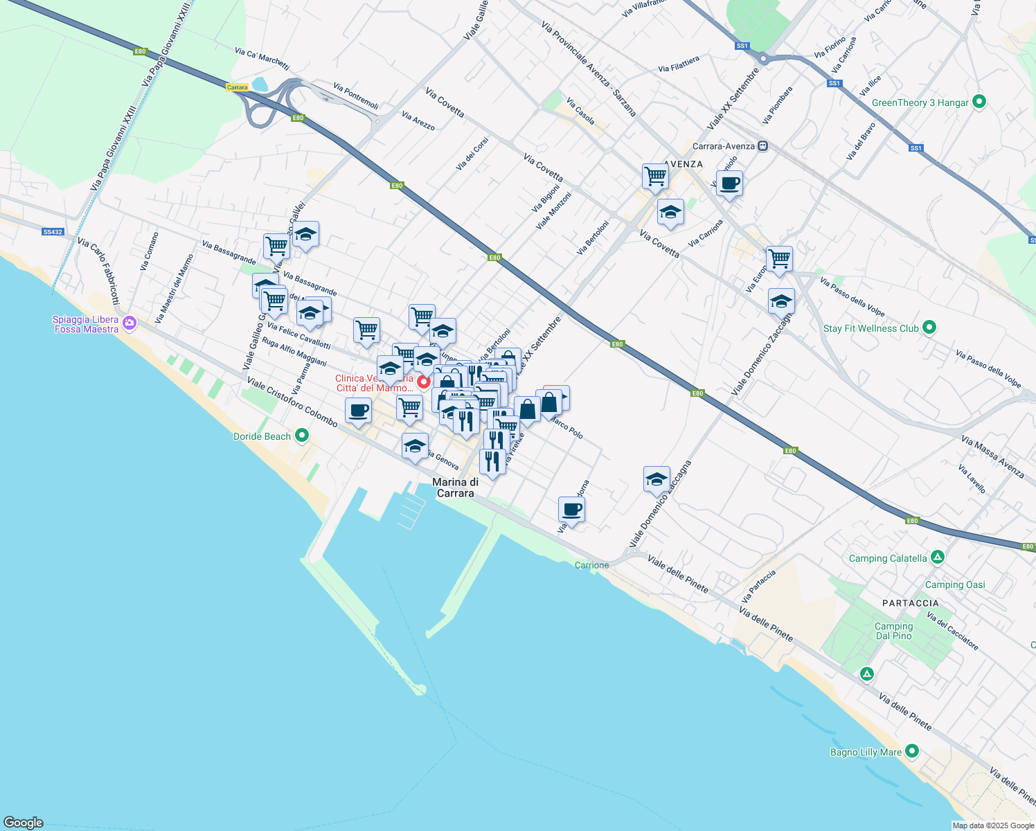 map of restaurants, bars, coffee shops, grocery stores, and more near 11A Via San Giuseppe in Carrara