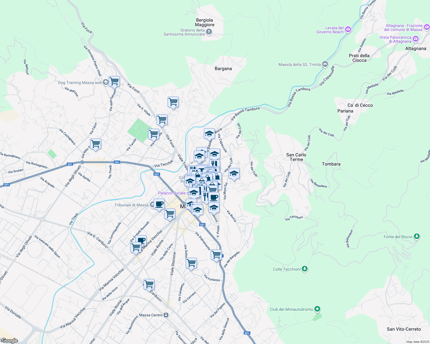 map of restaurants, bars, coffee shops, grocery stores, and more near 8 Via Mura Nord in Massa