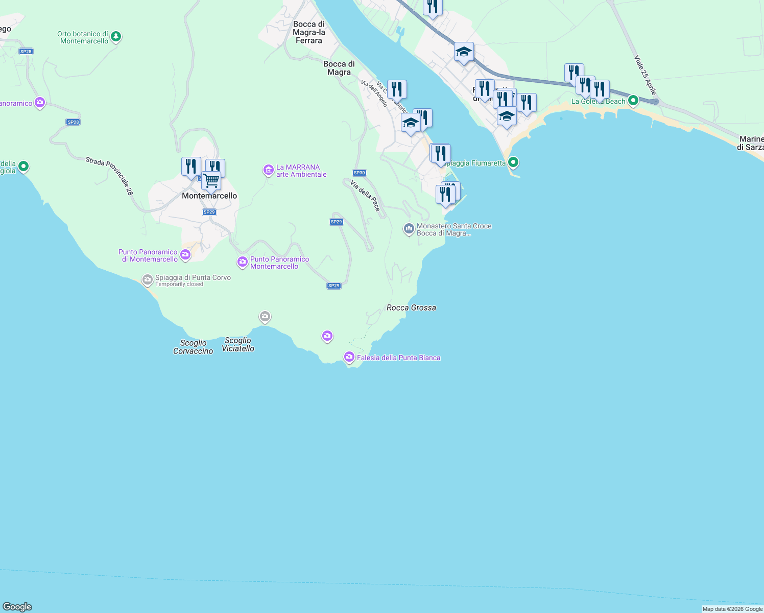 map of restaurants, bars, coffee shops, grocery stores, and more near 8 Strada Punta Bianca in Provincia della Spezia