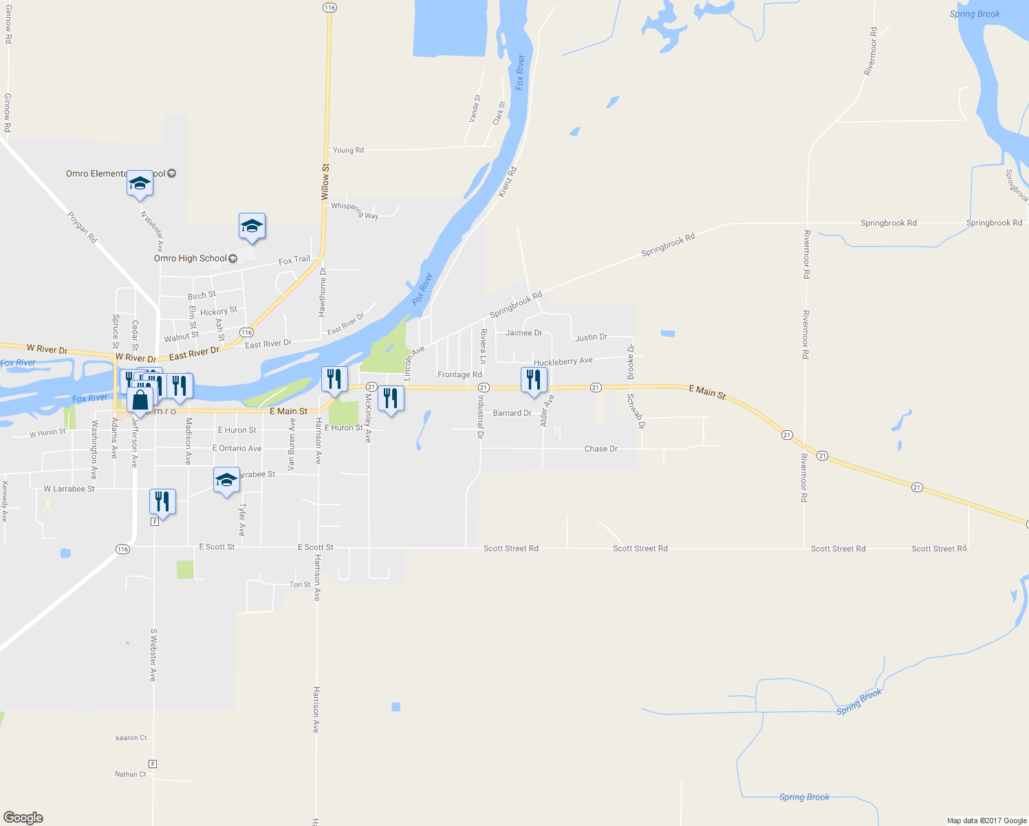 map of restaurants, bars, coffee shops, grocery stores, and more near 1652 Barnard Drive in Omro