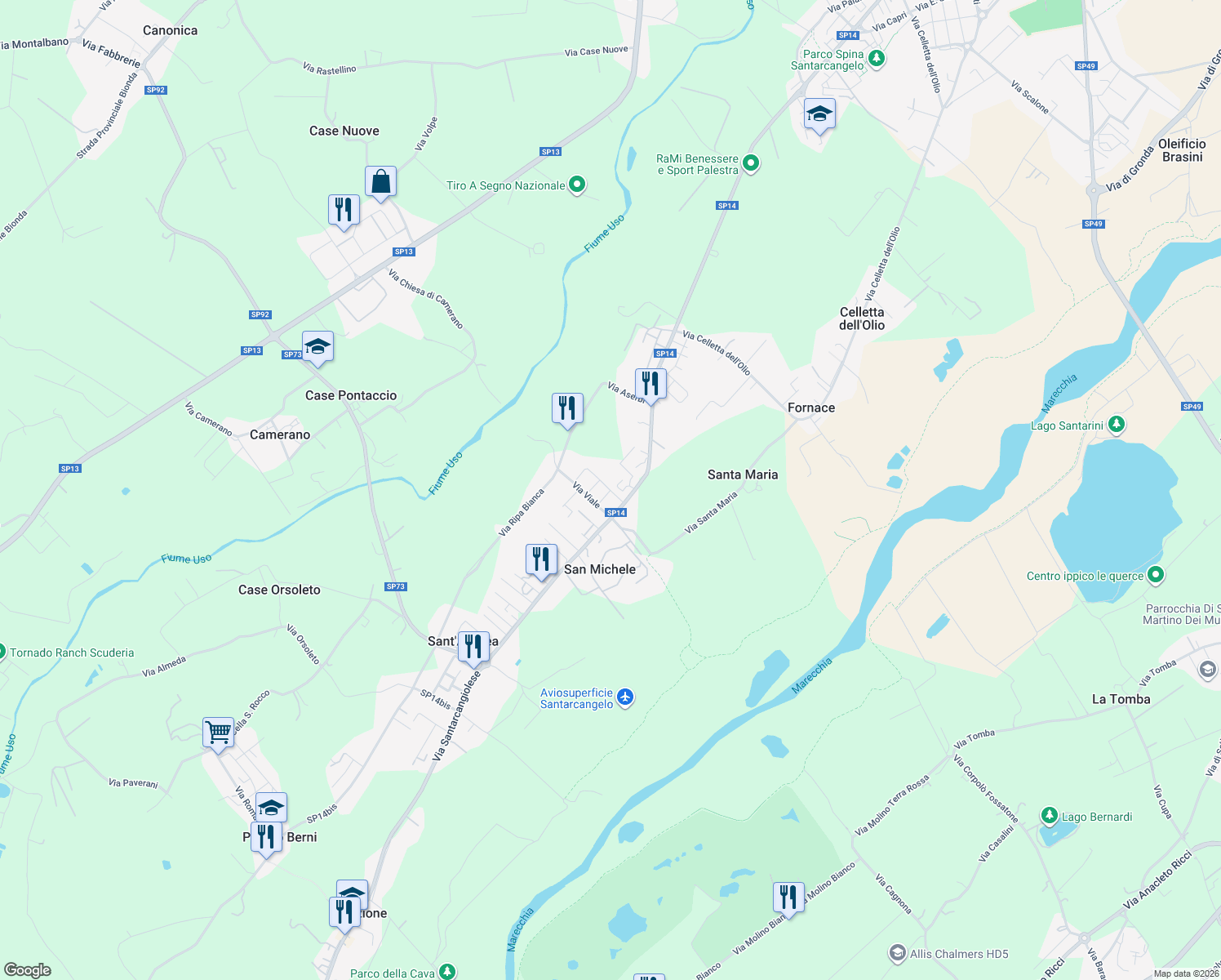 map of restaurants, bars, coffee shops, grocery stores, and more near 10 Via Riccione in San Michele