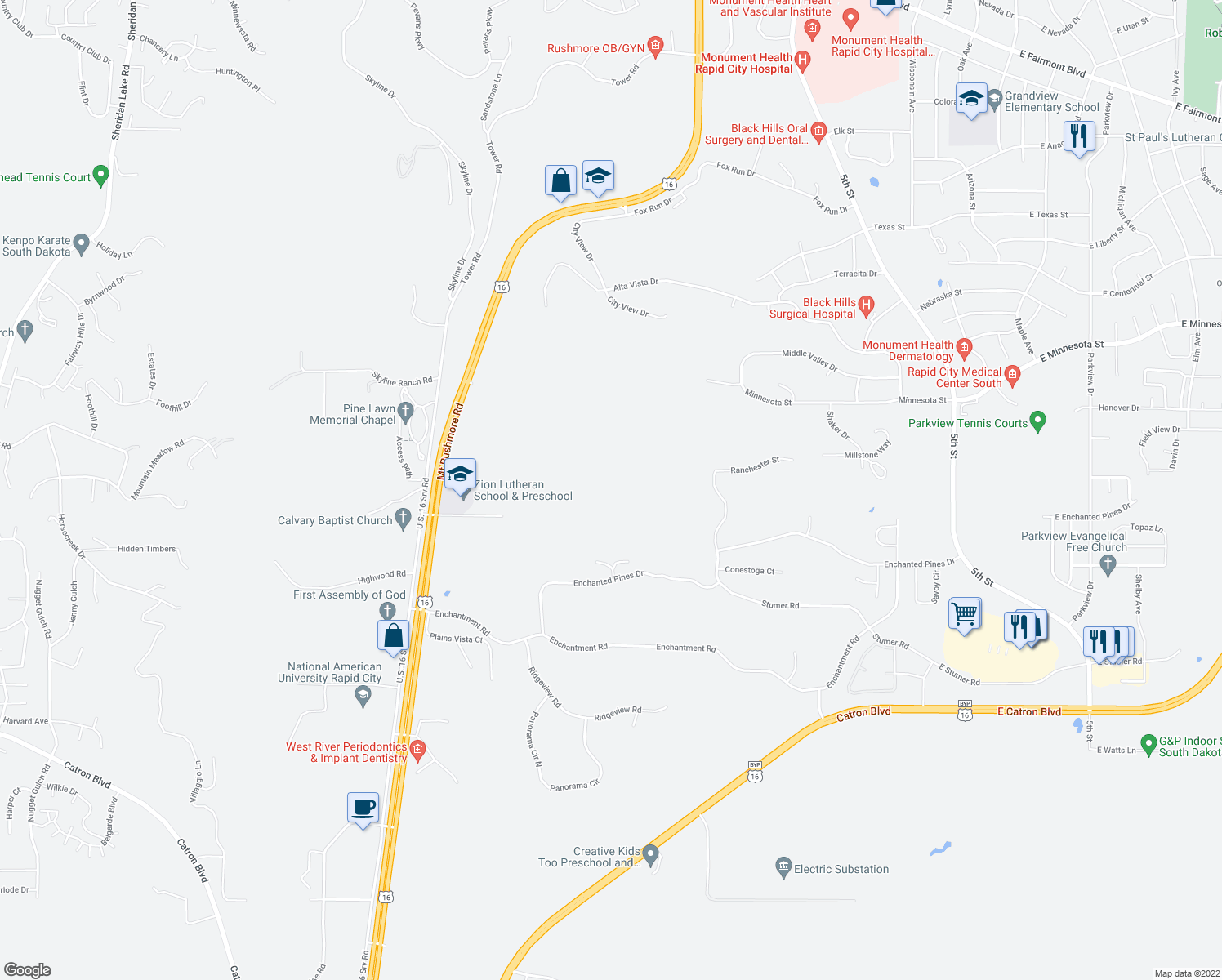 map of restaurants, bars, coffee shops, grocery stores, and more near 4600 U.S. 16 in Rapid City