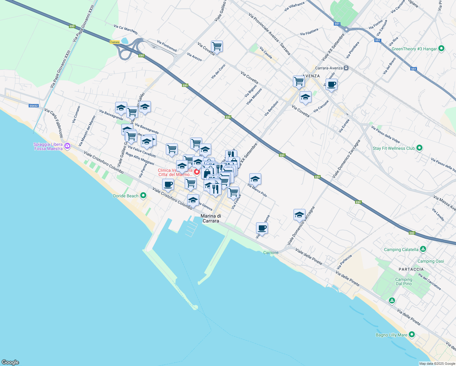 map of restaurants, bars, coffee shops, grocery stores, and more near 29 Via Nazario Sauro in Marina di Carrara