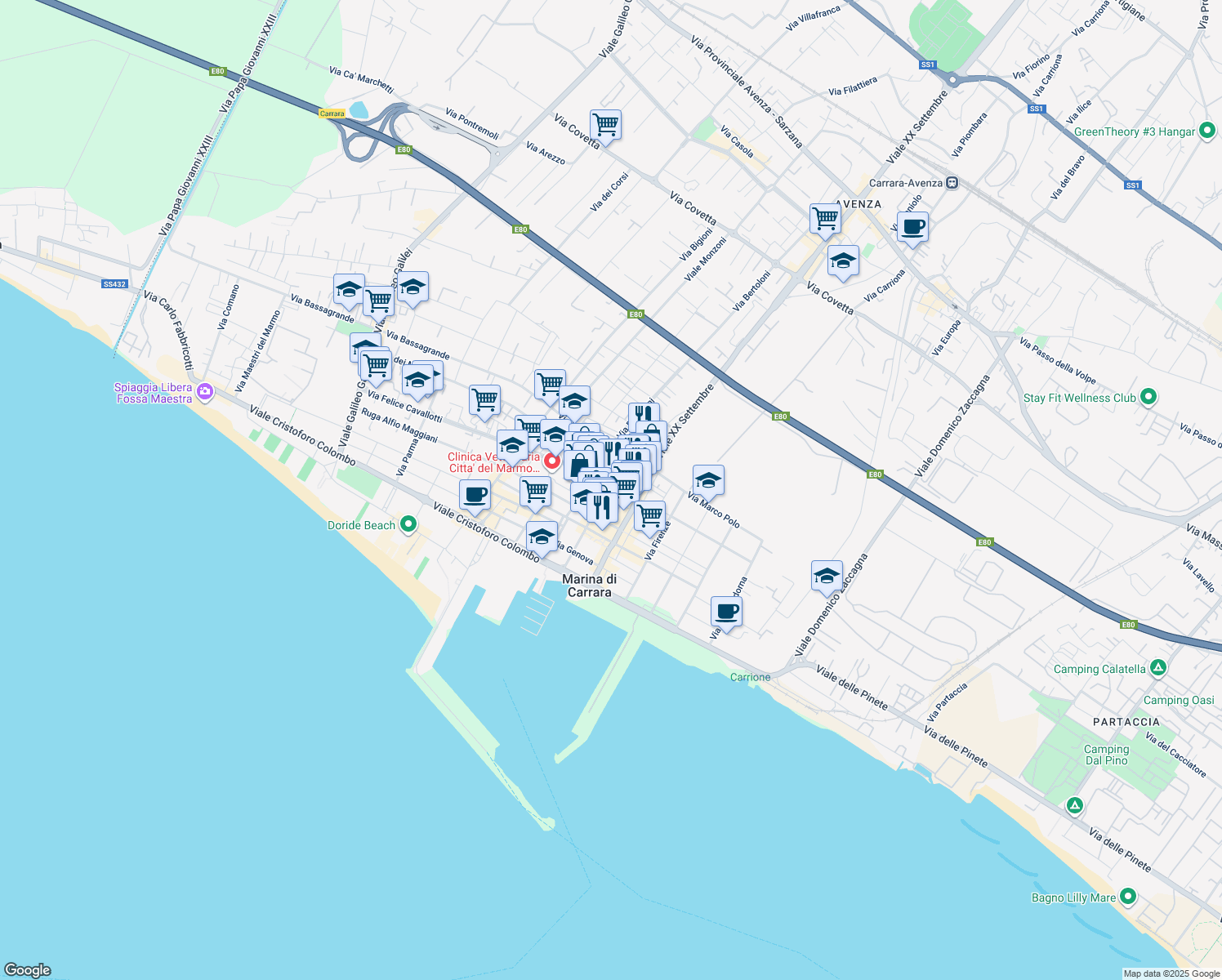 map of restaurants, bars, coffee shops, grocery stores, and more near 29 Via Nazario Sauro in Carrara