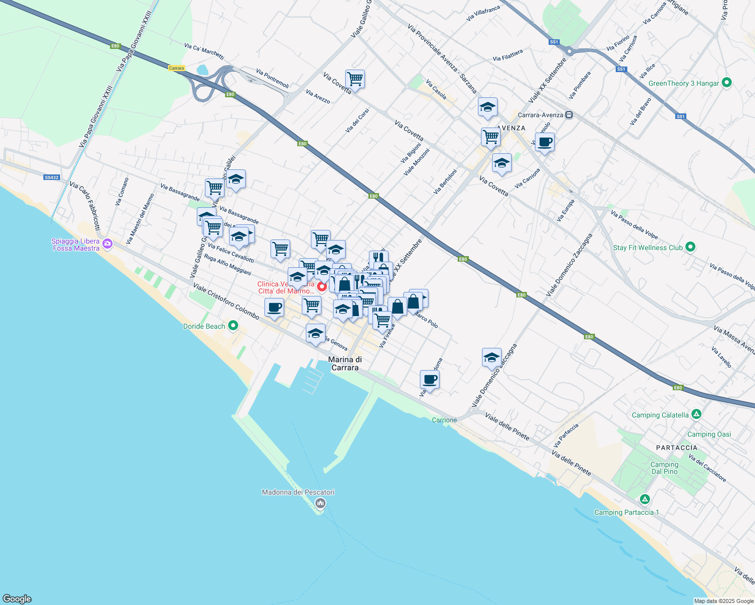 map of restaurants, bars, coffee shops, grocery stores, and more near 312BIS Viale XX Settembre in Marina di Carrara