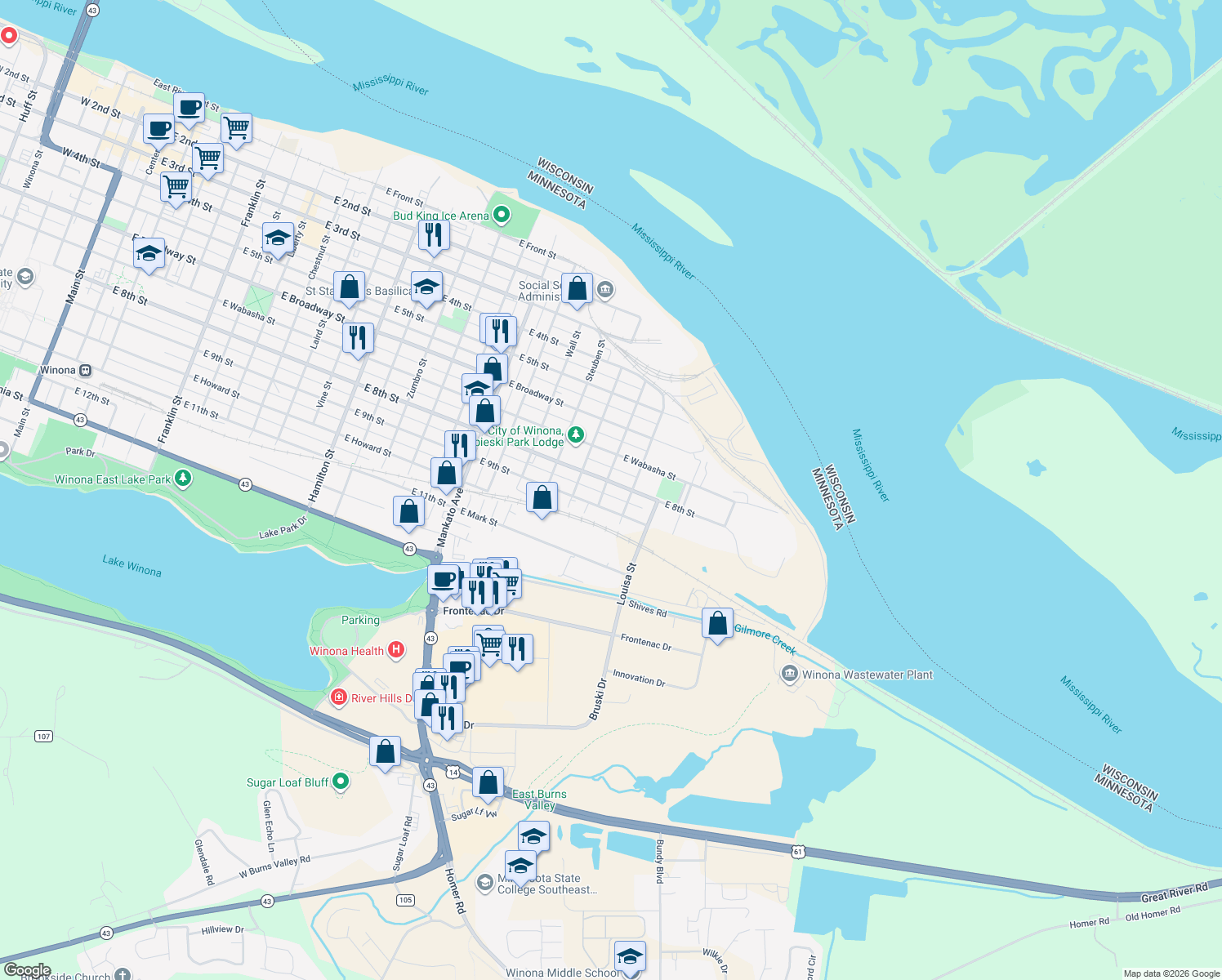 map of restaurants, bars, coffee shops, grocery stores, and more near 1053 East 8th Street in Winona