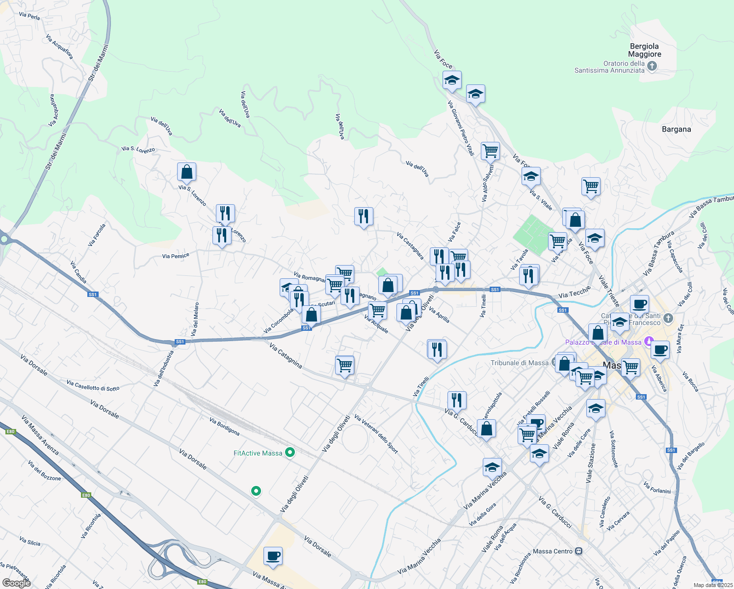 map of restaurants, bars, coffee shops, grocery stores, and more near 42 Via Romagnano in Massa