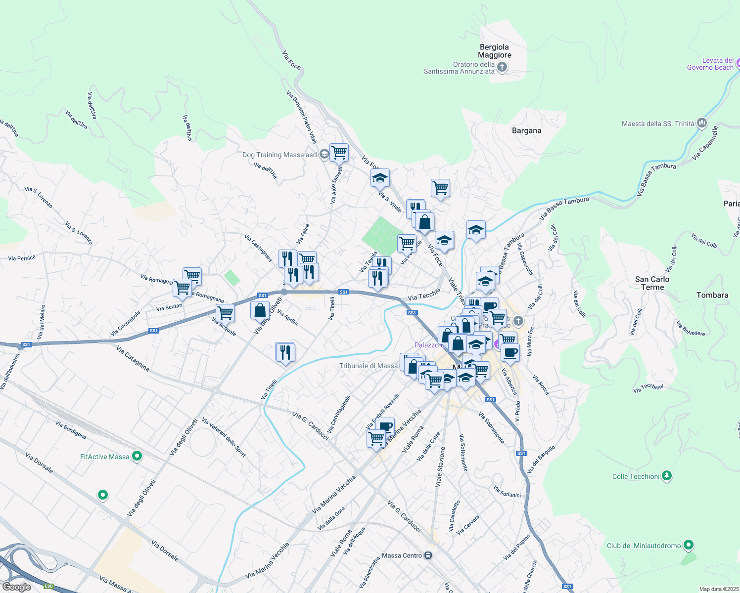 map of restaurants, bars, coffee shops, grocery stores, and more near 12 Strada Statale 1 Aurelia in Massa