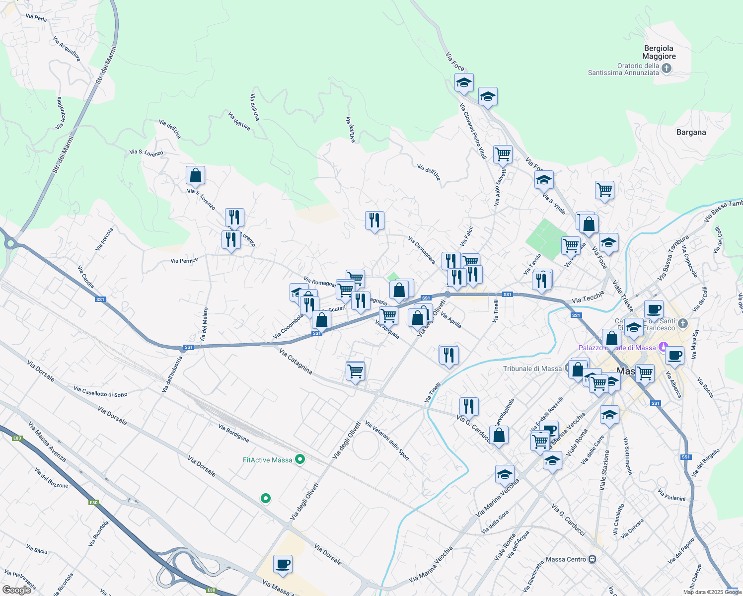map of restaurants, bars, coffee shops, grocery stores, and more near 42 Via Romagnano in Massa