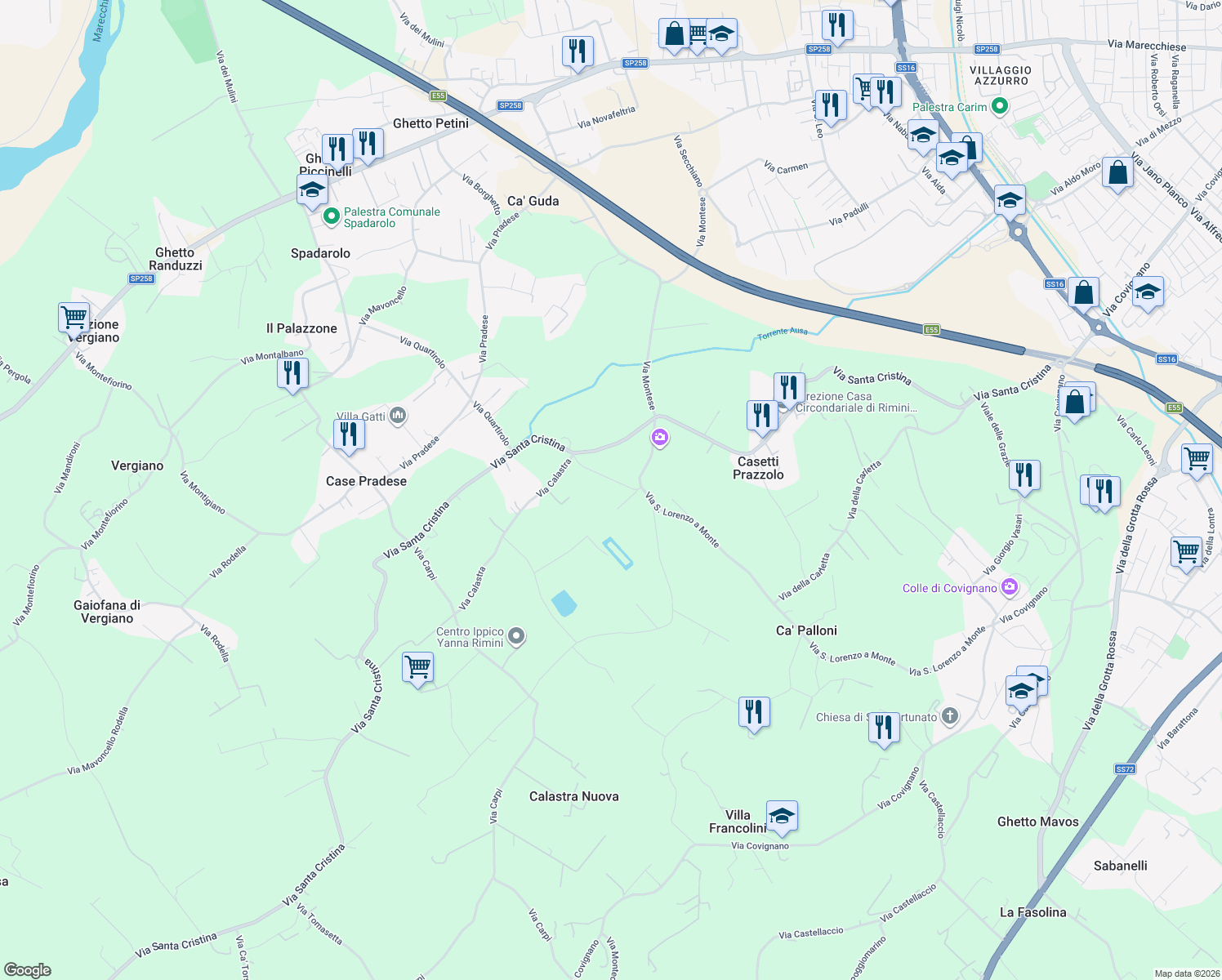 map of restaurants, bars, coffee shops, grocery stores, and more near 40 Via Santa Cristina in Provincia di Rimini