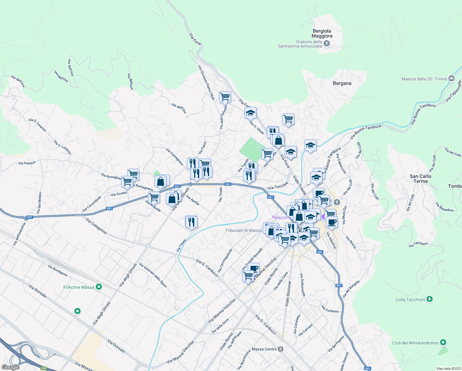map of restaurants, bars, coffee shops, grocery stores, and more near 2 Via Pontinia in Massa